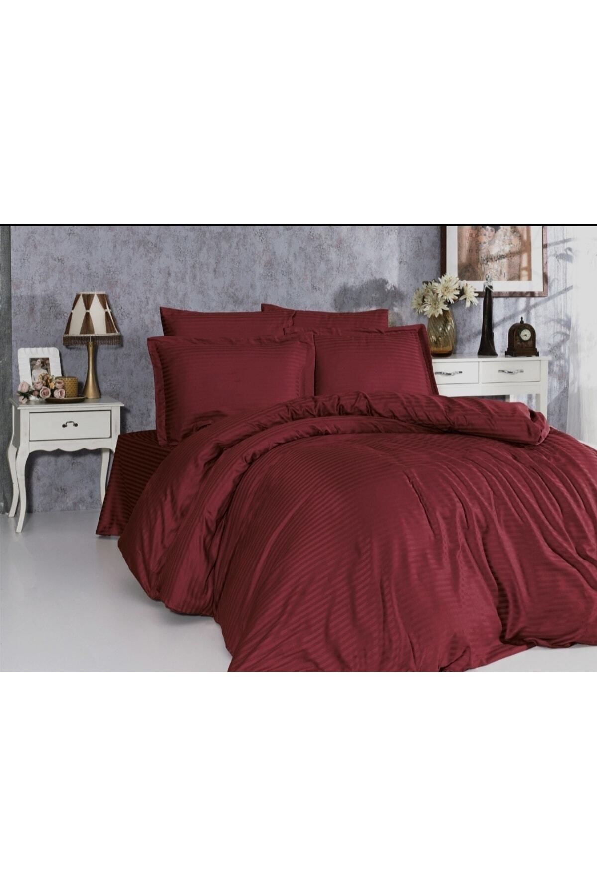 enti ev tekstili-Ziganahome Claret Red Striped Satin Duvet Cover Set Double Sheet Elasticless & 2 Pillowcases 2