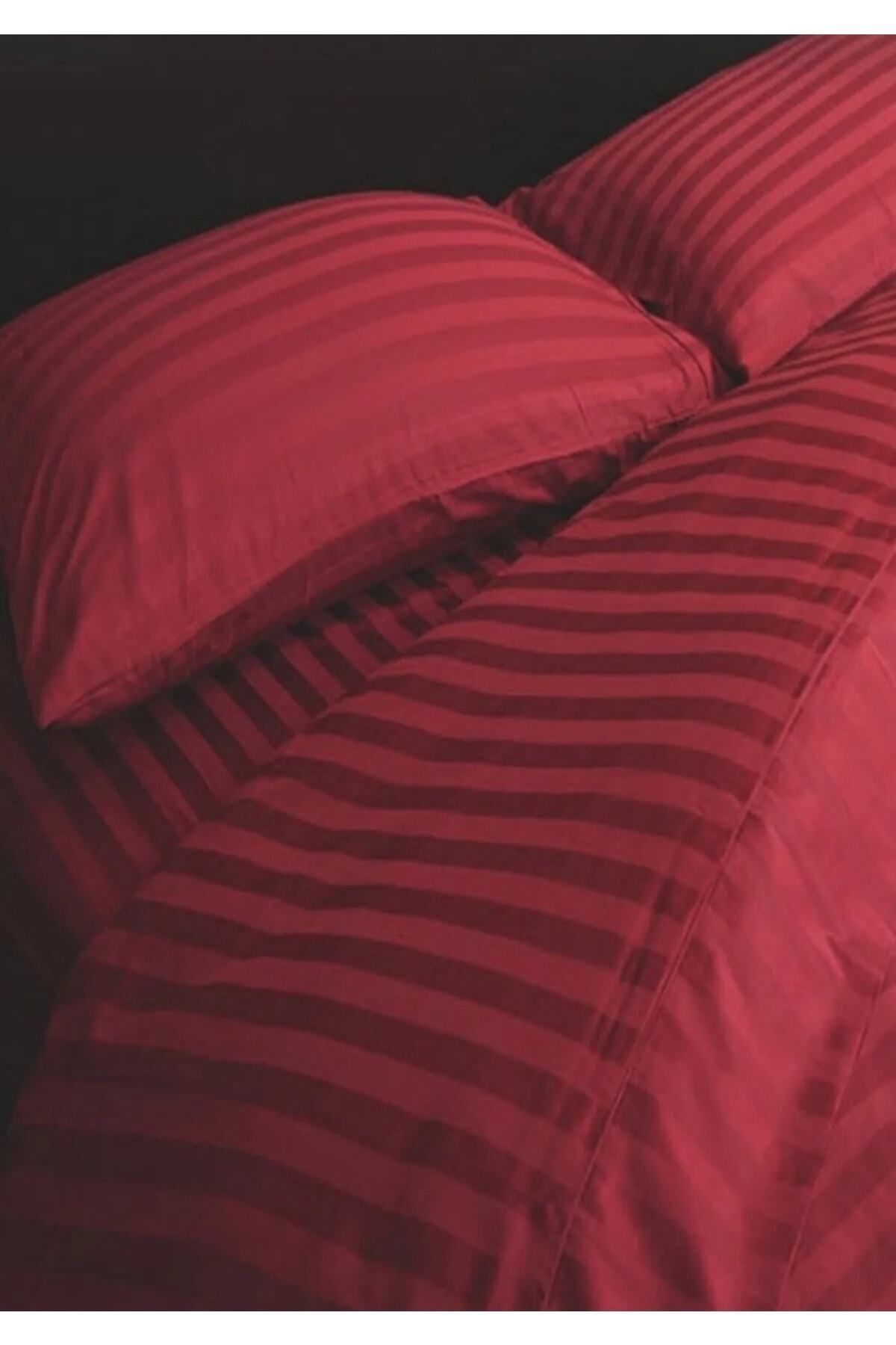 enti ev tekstili-Ziganahome Claret Red Striped Satin Duvet Cover Set Double Sheet Elasticless & 2 Pillowcases 1