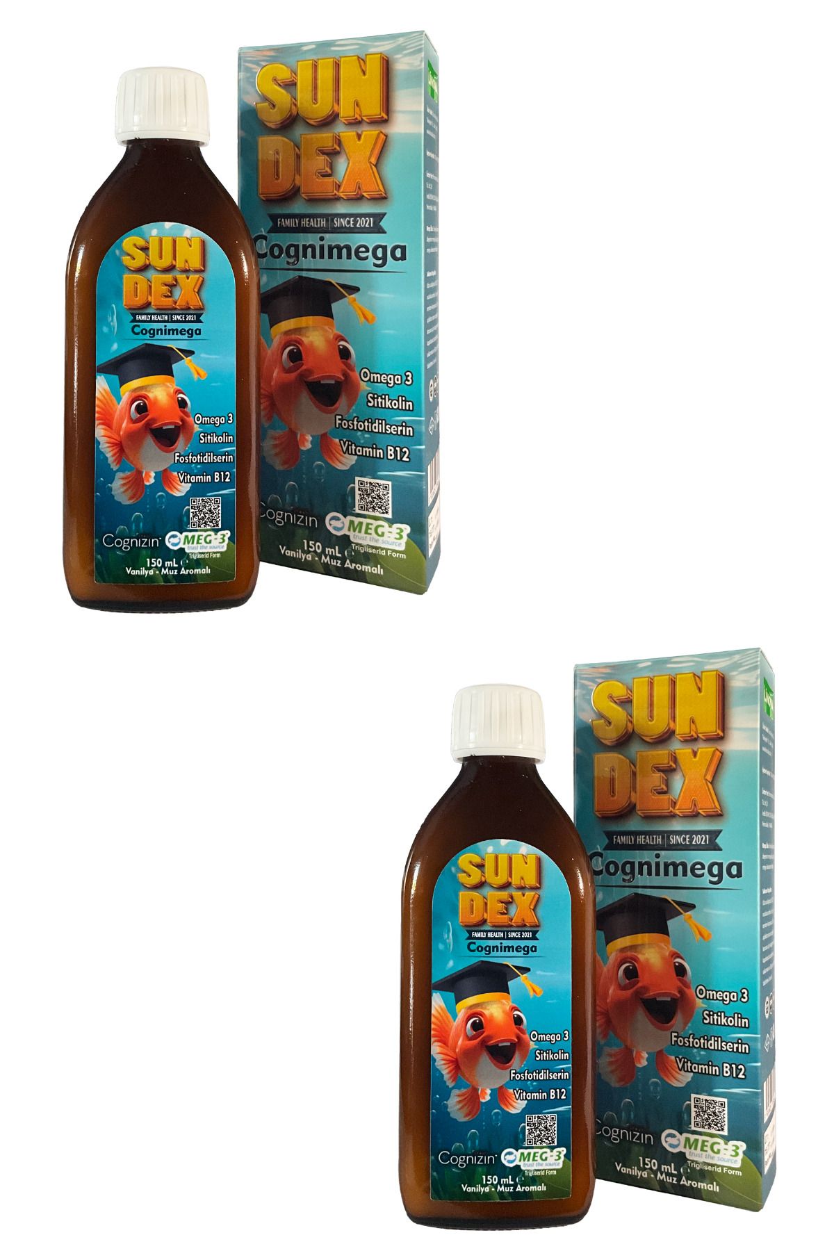 Sun Dex Family Health Since 2021 2’li Paket Cognimega DHA Omega 3, Sitikolin, Fosfotidilserin, Vitamin B12 150 ml