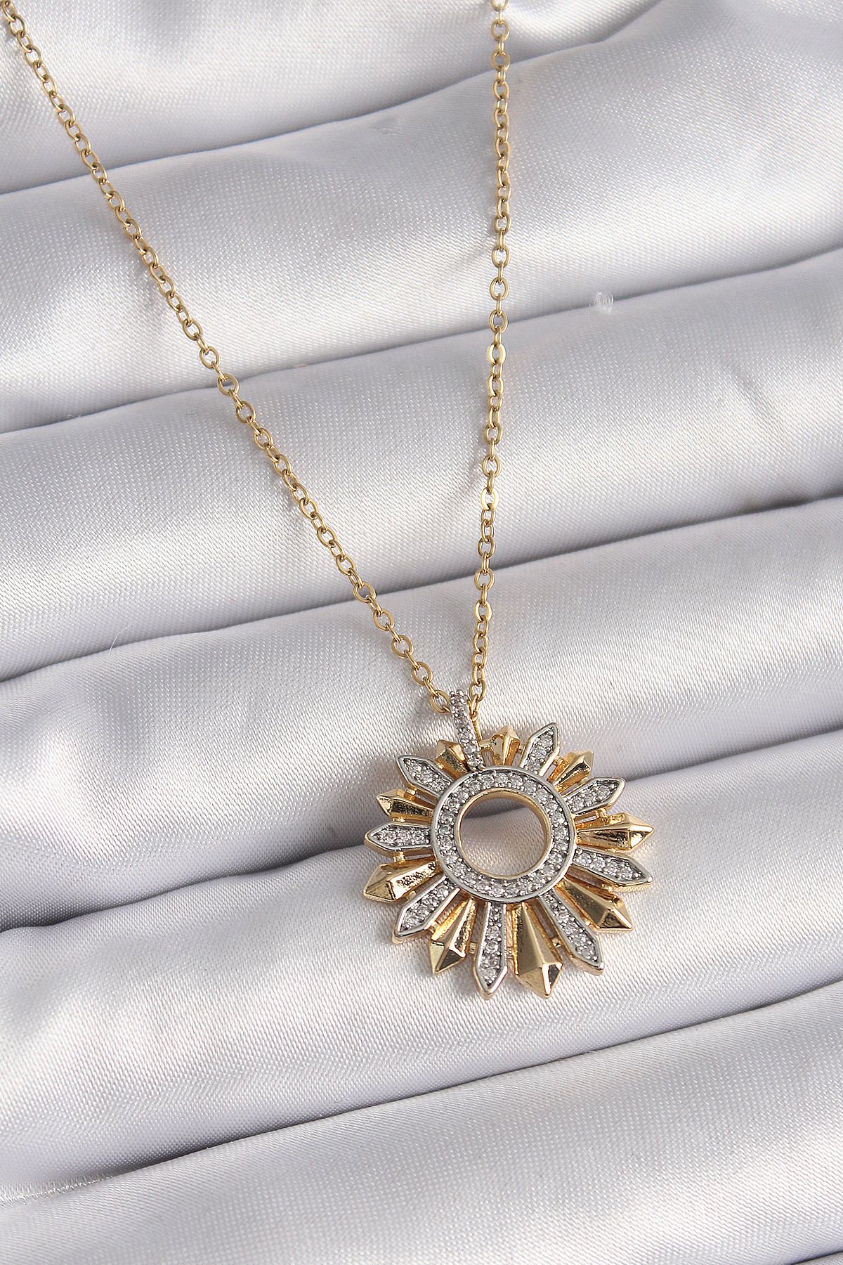 MMB Boutique 316L Çelik Gold Renk Zincir Zirkon Taşlı Mix Renk Güneş Model Kadın Kolye