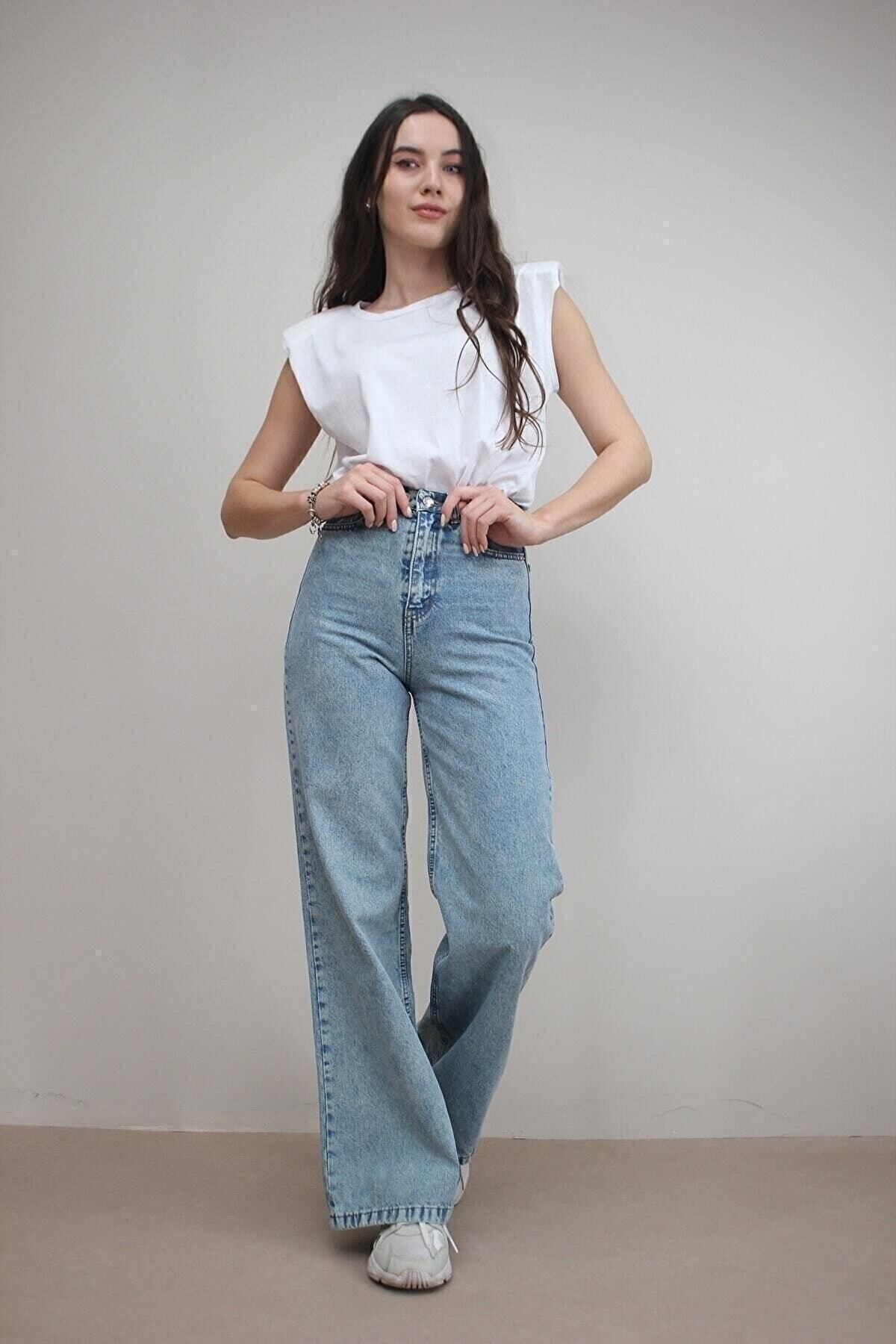 WODDİ Duryn 90's Kar Yıkama Mavi Likralı Süper Yüksek Widge Leg Bel Salaş Jeans Palazzo Pantolon
