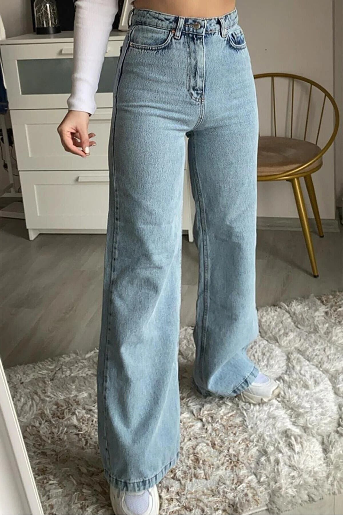 WODDİ Duryn Kadın Mavi Yüksek Bel Salaş Geniş Paça Pantolon Bol Paça Pantolon Kar Yıkamalı Palazzo Jeans