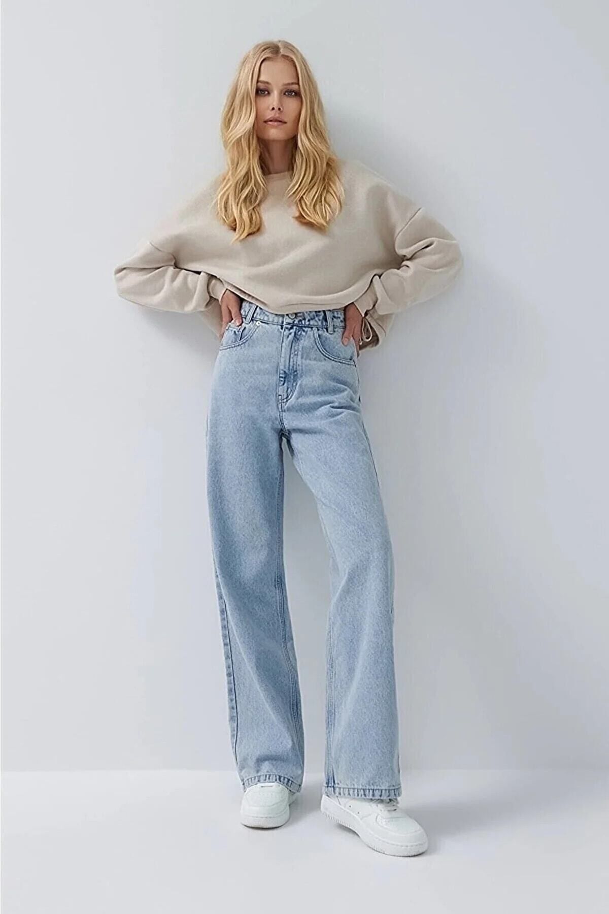 WODDİ Duryn Pamela 90's Mavi Kar Yıkama Likralı Süper Yüksek Bel Salaş Jeans Palazzo Pantolon