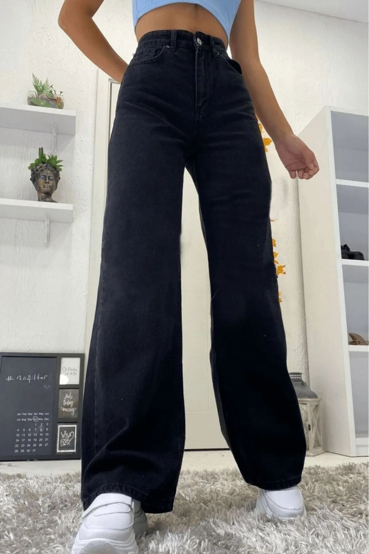 WODDİ Duryn Pamela Kadın Yüksek Bel Siyah Wide Leg 90's Likralı Palazzo Jeans Pantolon