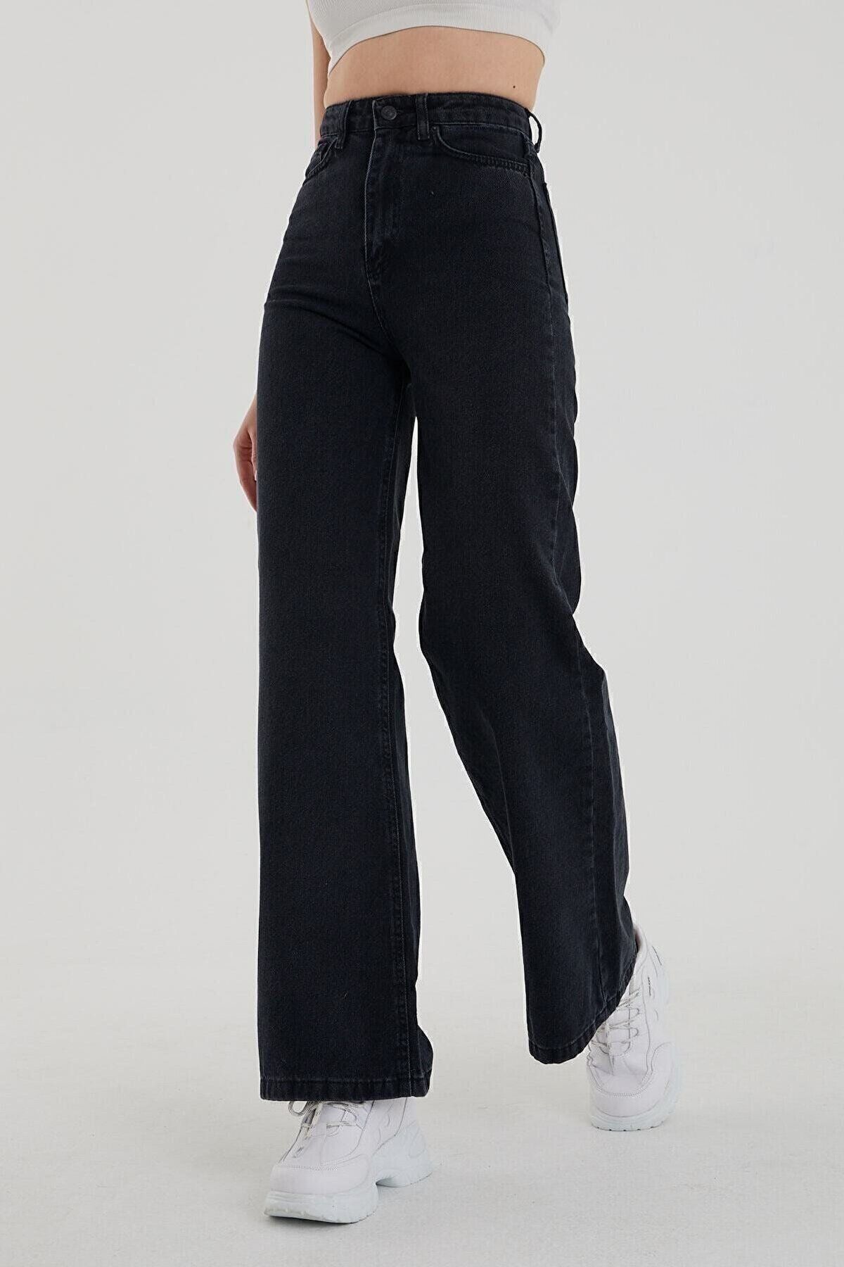 WODDİ Duryn Jeans Kadın Yüksek Bel Solmayan Siyah Comfort Likralı Salaş Palazzo Pantolon