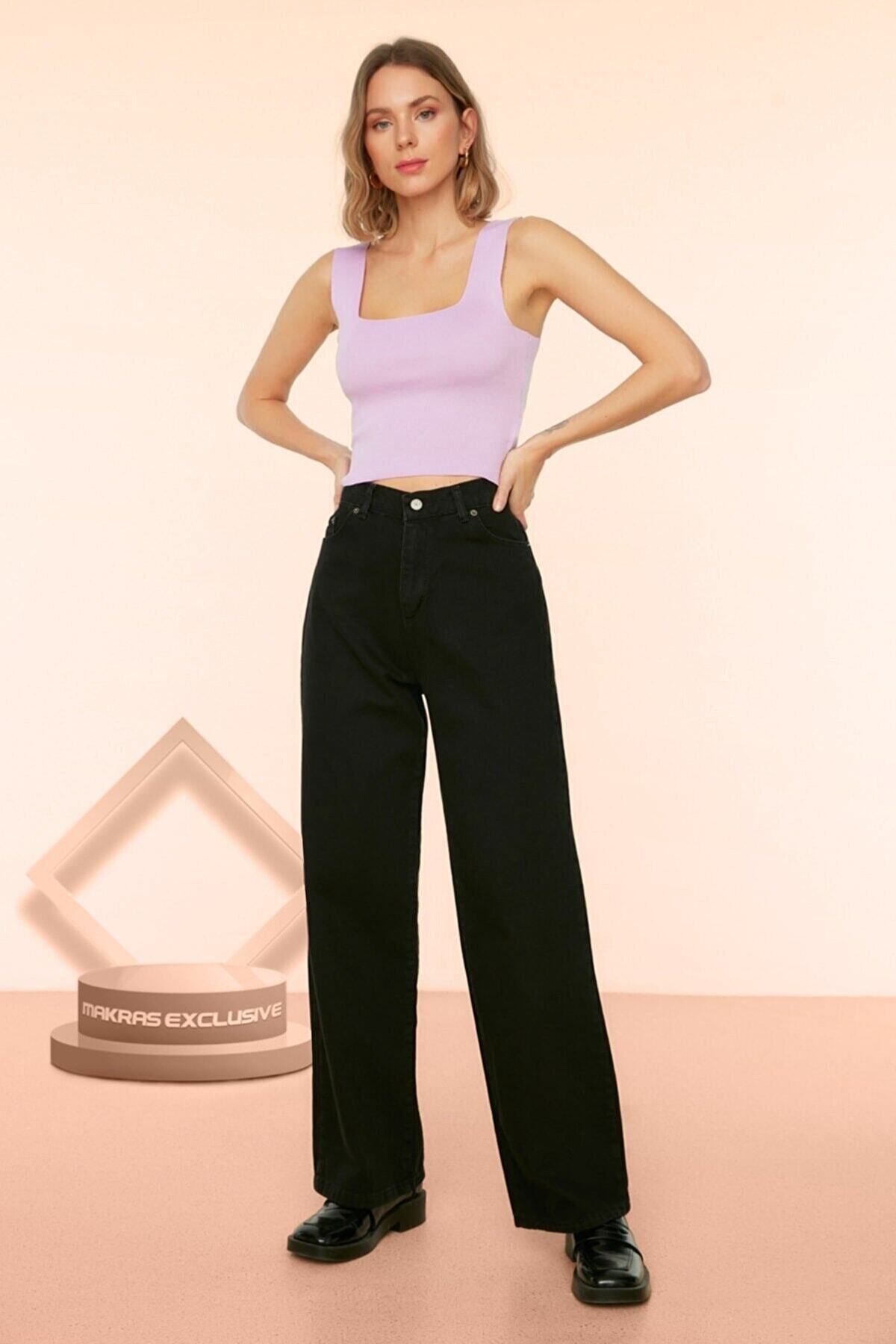 WODDİ Duryn Pamela 90's Solmayan Siyah Likralı Süper Yüksek Bel Salaş Jeans Palazzo Pantolon