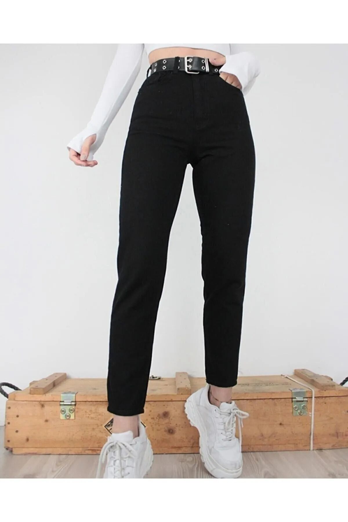 WODDİ Duryn Kadın Siyah Mom Likralı Jeans