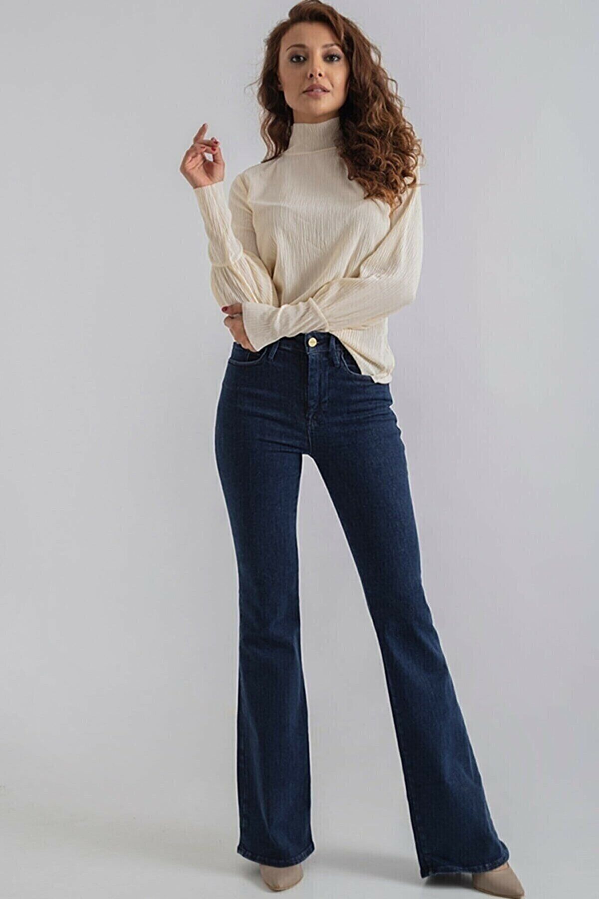 WODDİ Duryn Pamela Kadın Koyu Mavi Yüksek Bel Ispanyol Paça Comfort Likralı Flare Kot Pantolon Jeans
