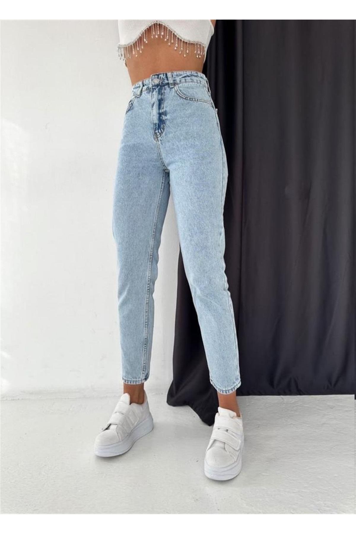 WODDİ Duryn Mavi Mom Kar Jeans Kadın Kot Pantolon