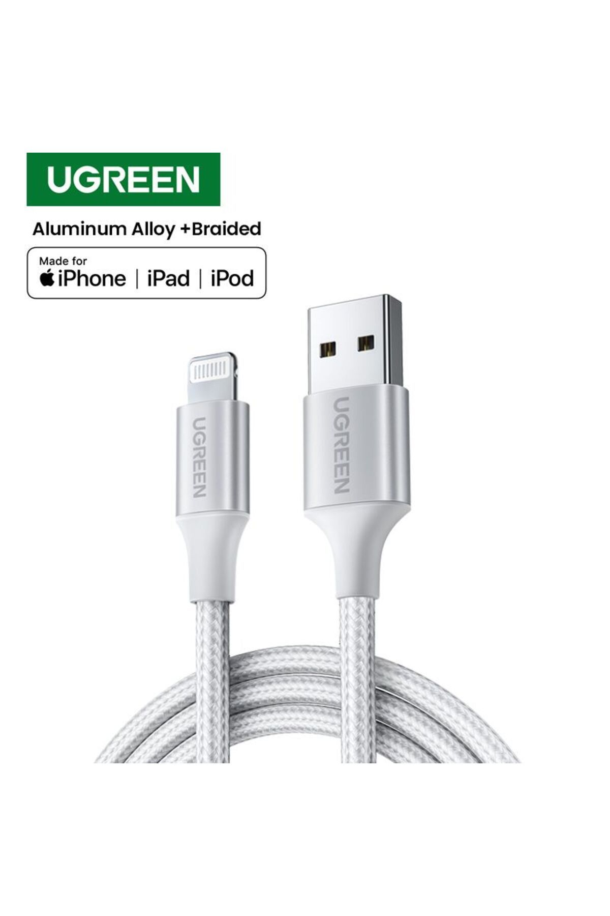 Ugreen-كابل شحن ومزامنة بيانات مضفر من Alu Case USB إلى Lightning بطول 1 متر - فضي 5