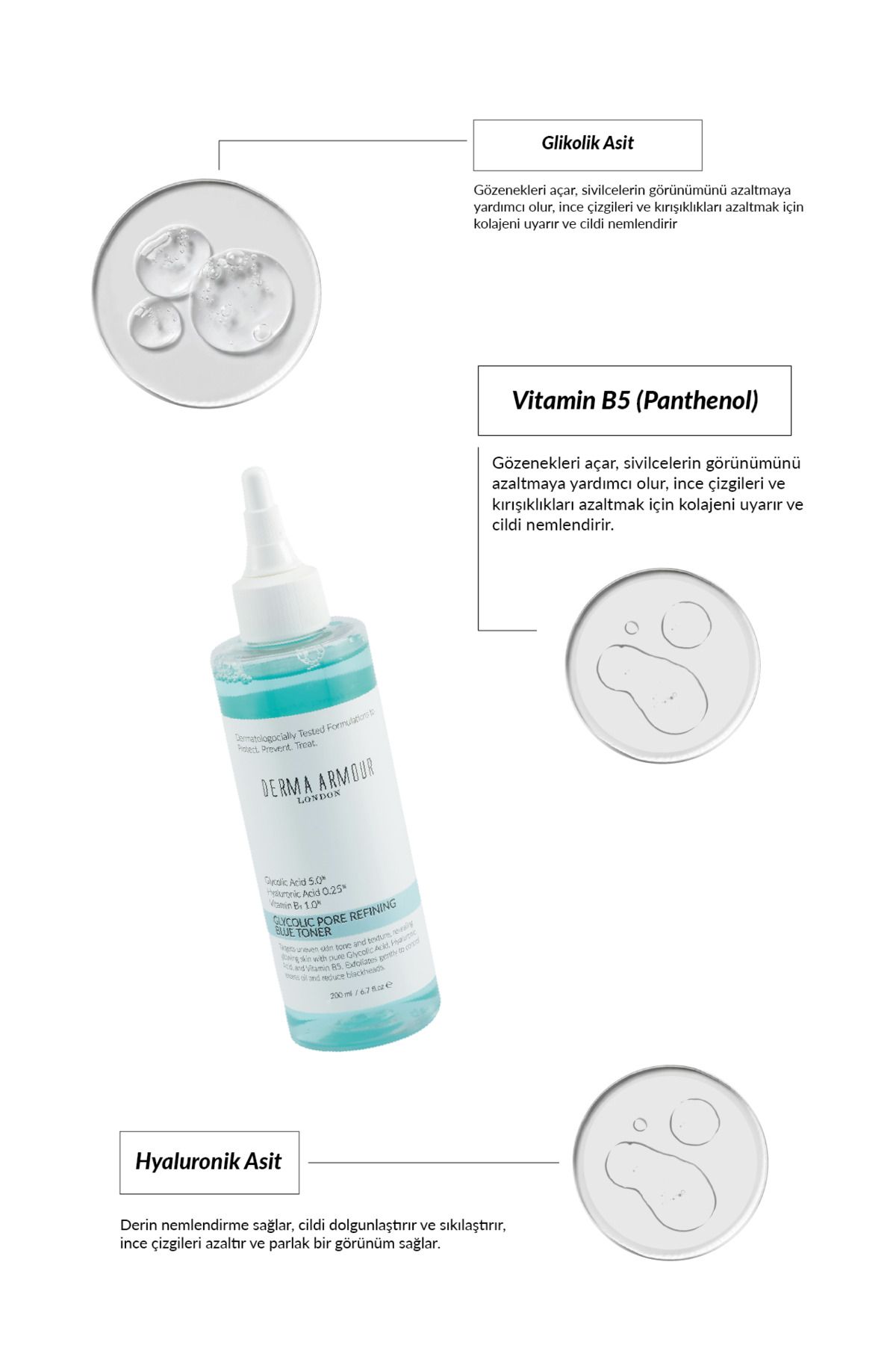 تونر تونیک محکم و روشنایی منافذ 5 ٪ اسید گلیکولیک 0.25 هیالورونیک 200 میل derma armour