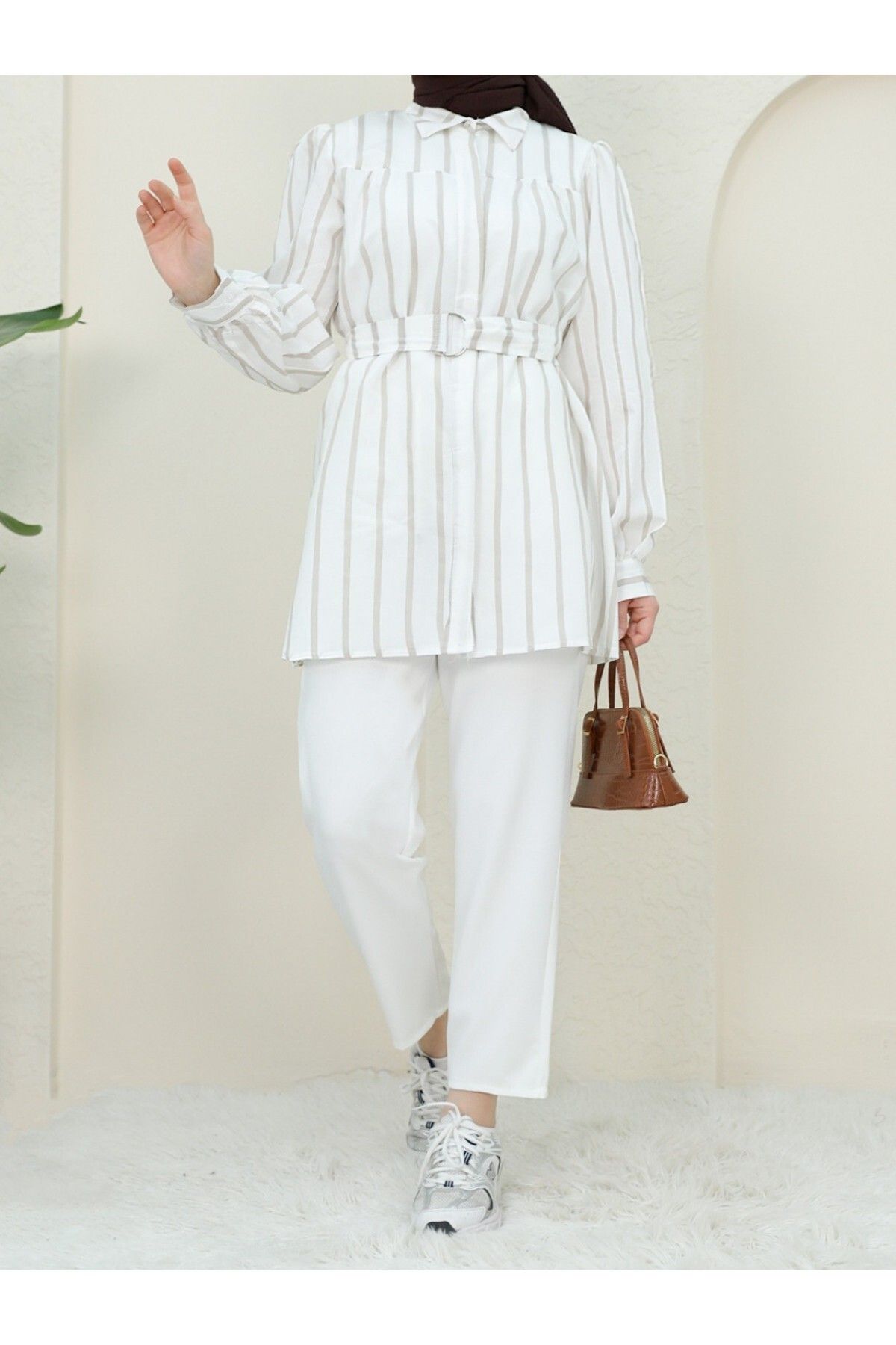 Modamorfo-Thick Striped Shirt with Buckle and Belt 2