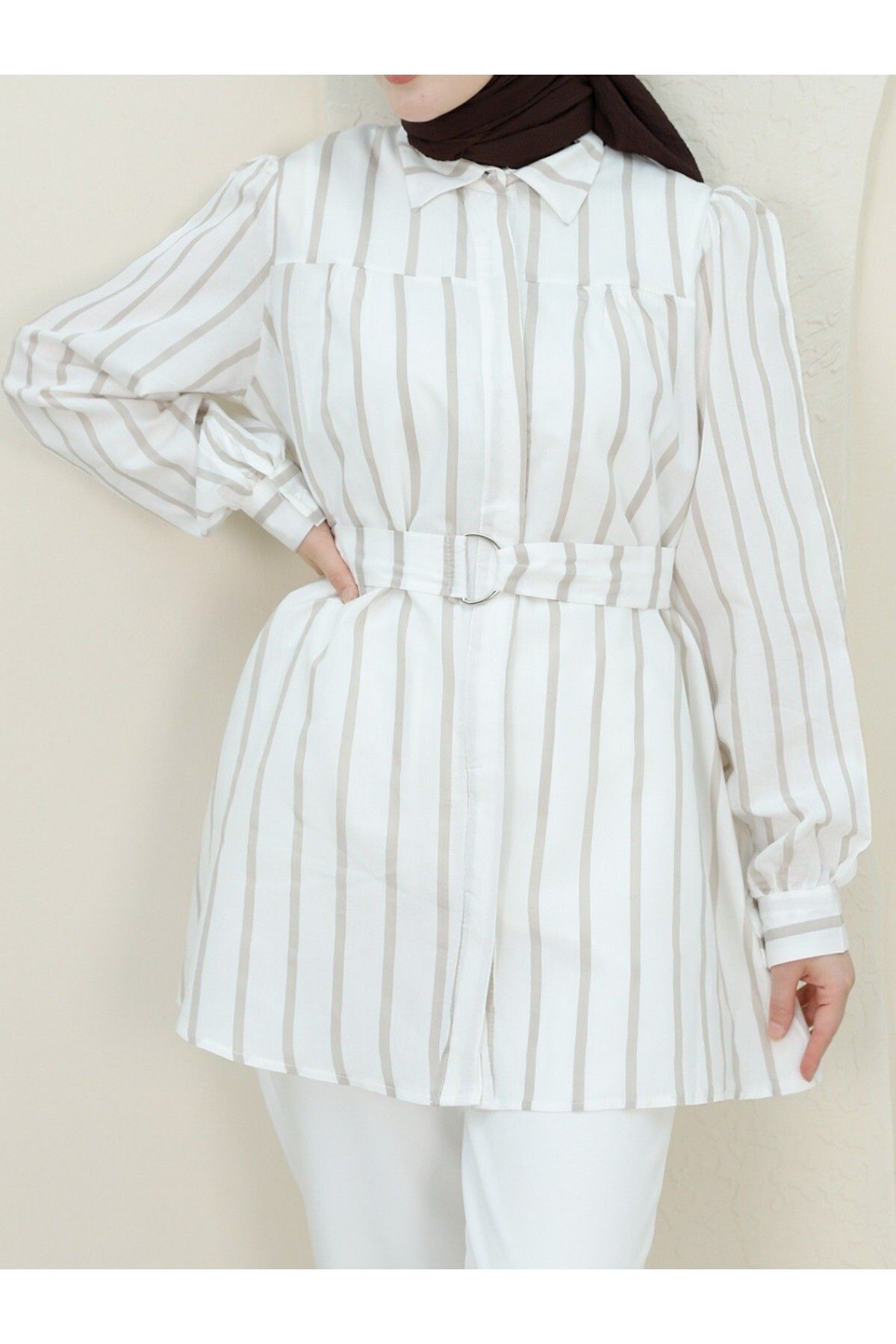 Modamorfo-Thick Striped Shirt with Buckle and Belt 1