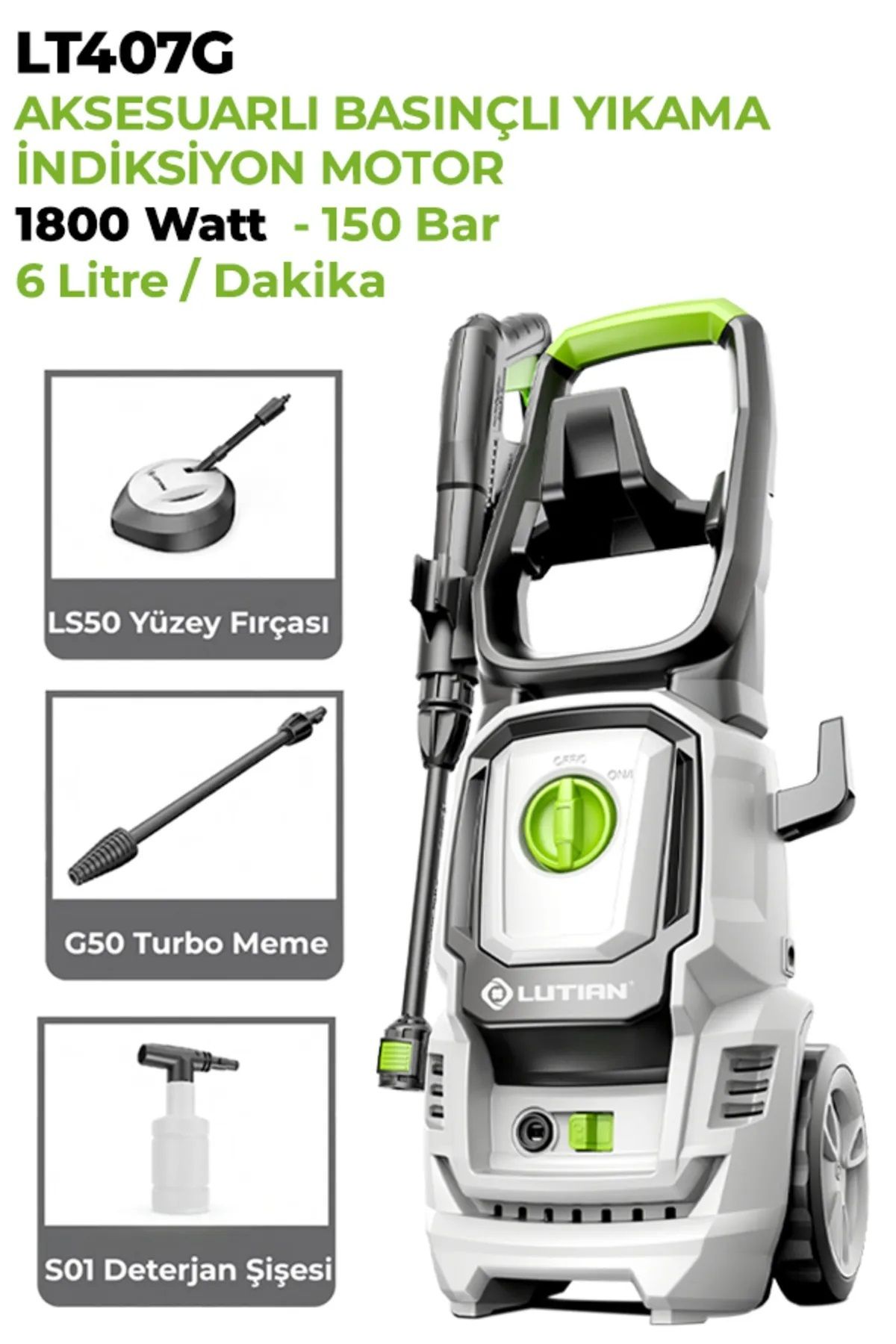 AboutThePerfect Yüksek Basınçlı Yıkama Makinesi 150 Bar Aksesuarli 1800W Kömürsüz Motor