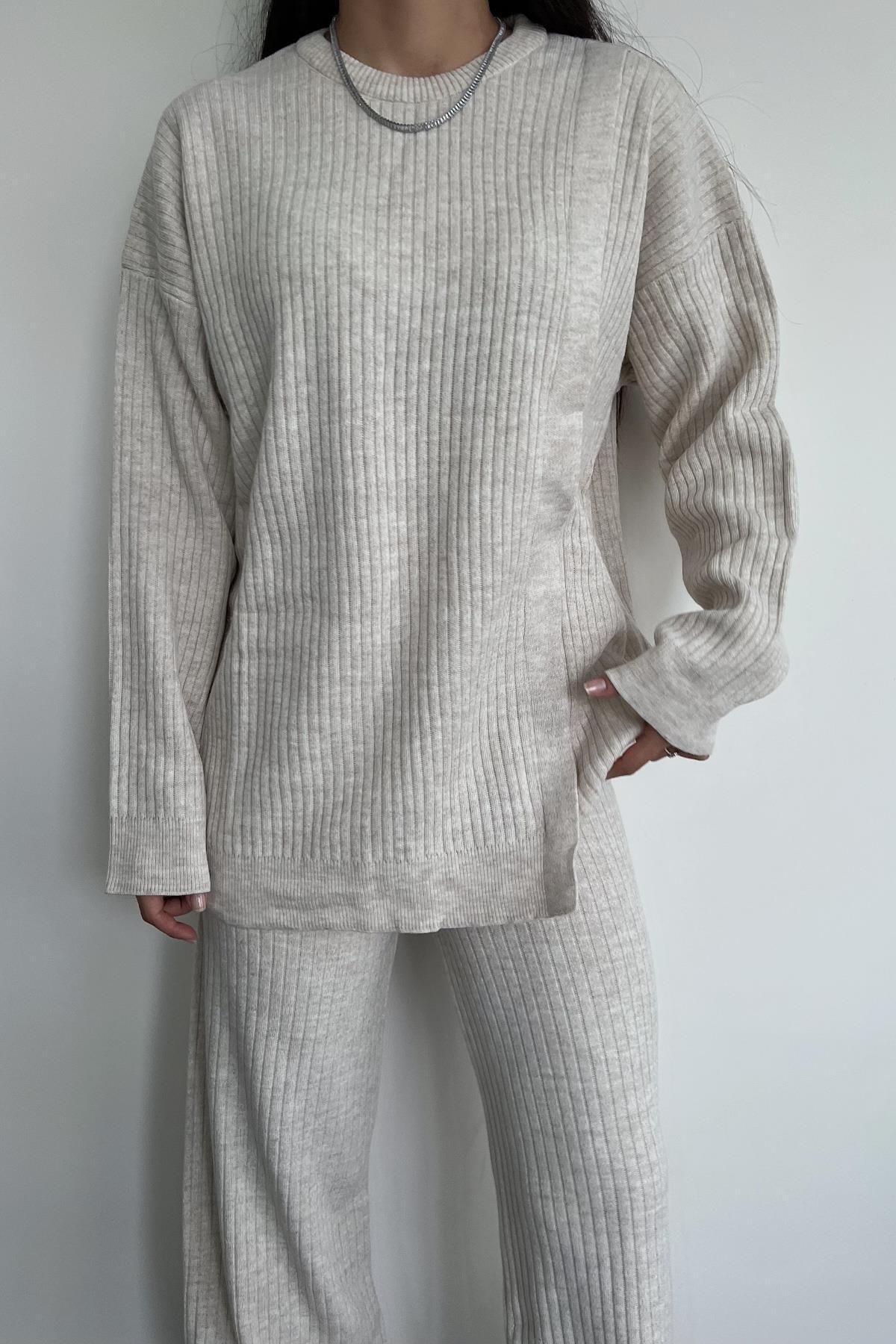 misigo-Side Detailed Ribbed Knitwear Suit ECRU 3