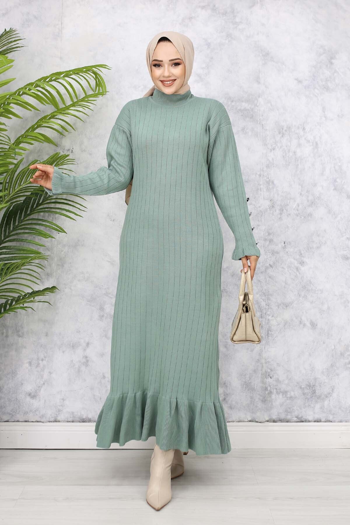 benguen Fırfırlı Triko Elbise Mint Yeşili 23009