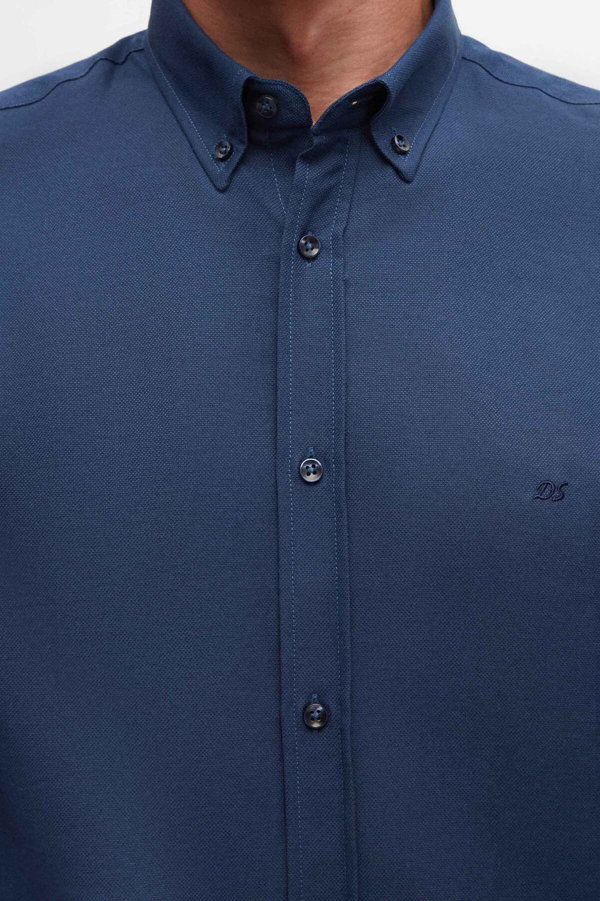 D'S Damat-Indigo Slim Fit Oxford Cotton Shirt - Buttoned Collar and Embroidery Detail 3