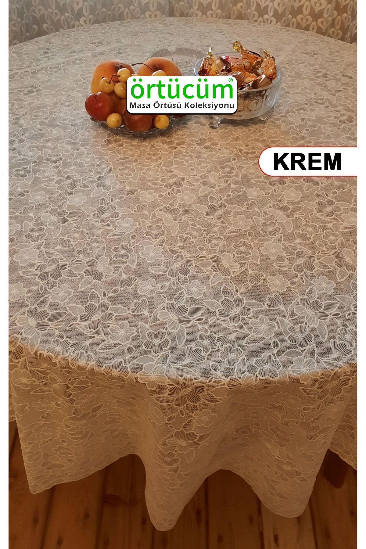 Krem Yuvarlak Dantelli Görünümlü Pvc Muşamba Mutfak Masa Örtüsü Sıvı Geçirmez Silinebilir 150 Cm