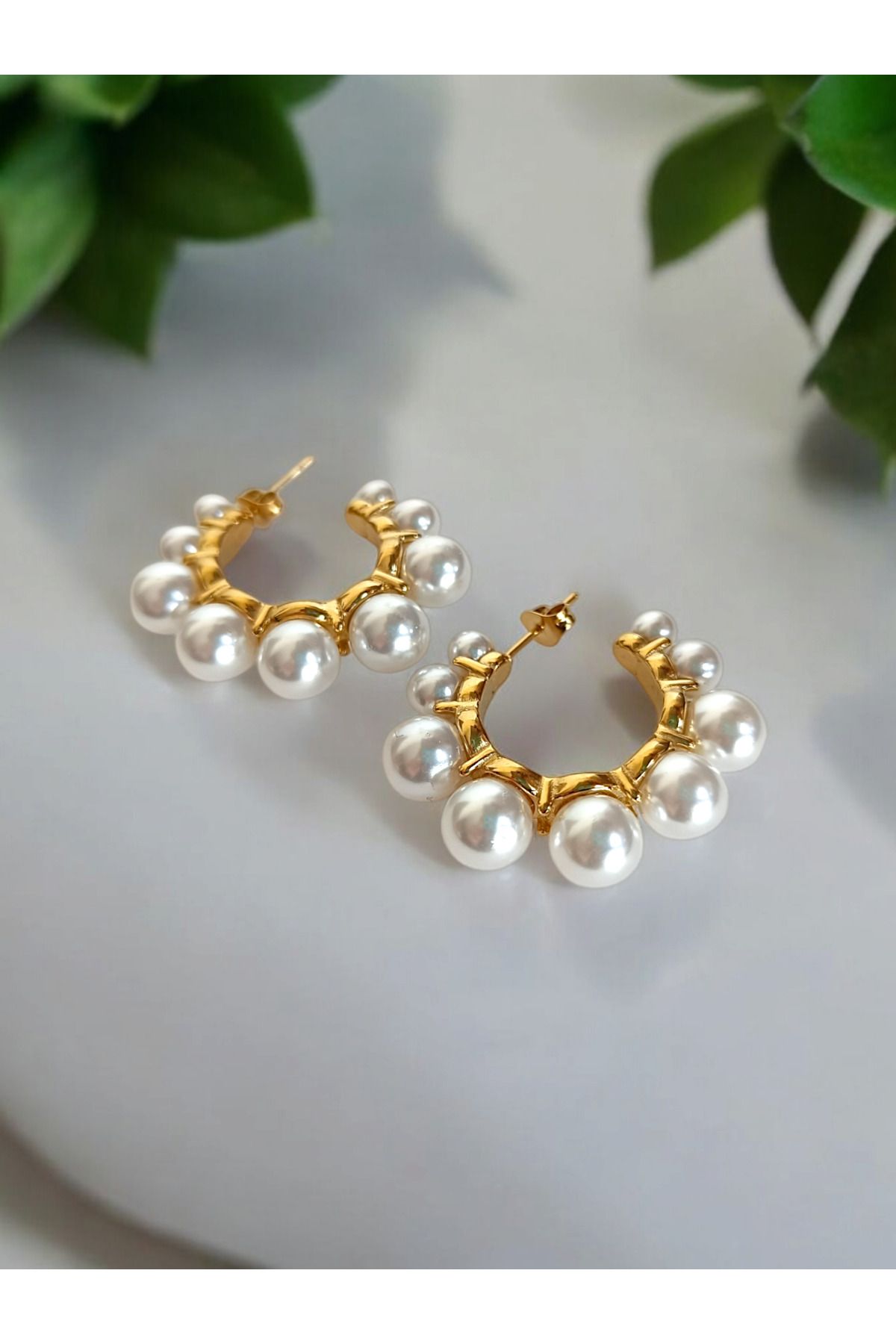 Marlenka-Pearl Steel Hoop Earrings 2