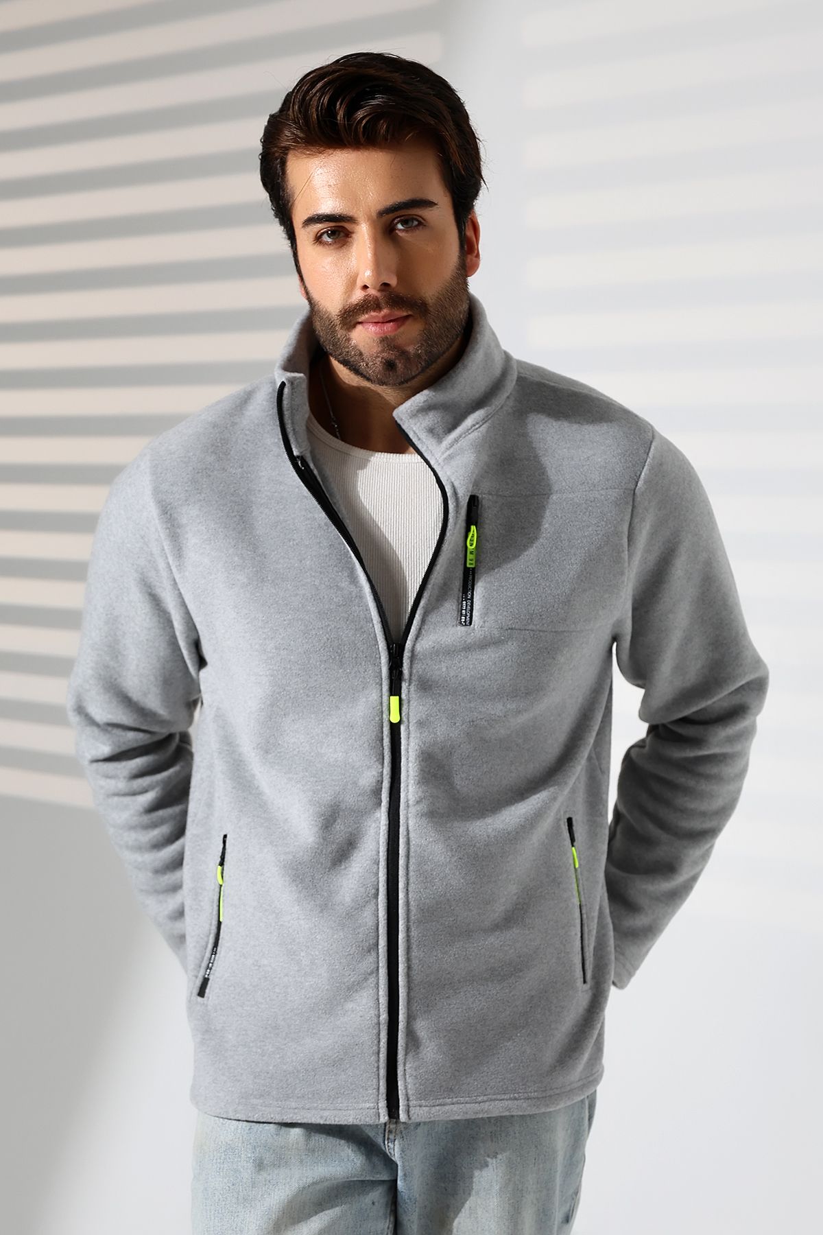 TİJA-Men's Zippered Pocket, Anthrast Melange Fleece Cardigan, Jacket, Anti Pilling, Anti Pilling Fleece 4