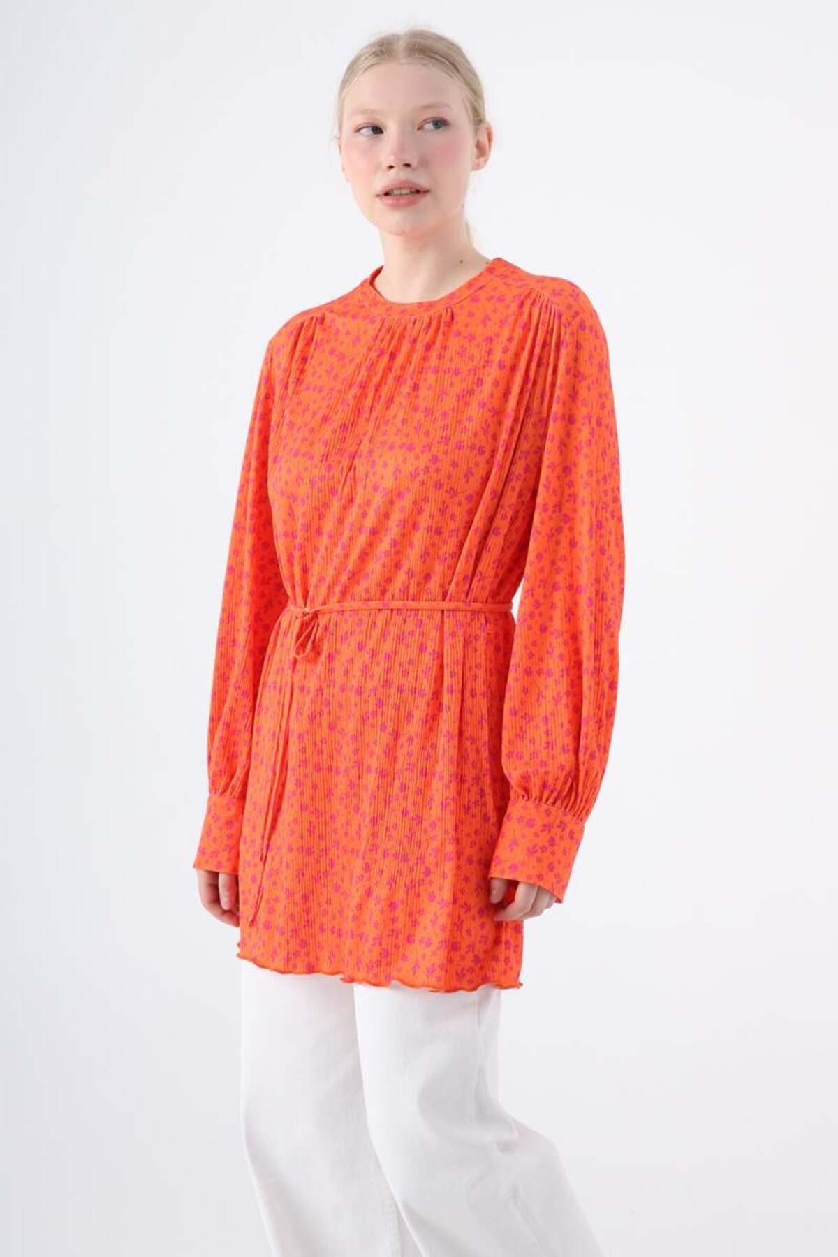 ALLDAY-Orange-Fuchsia-Patterned Comfortable Pleated Tunic with Piping Belt 5