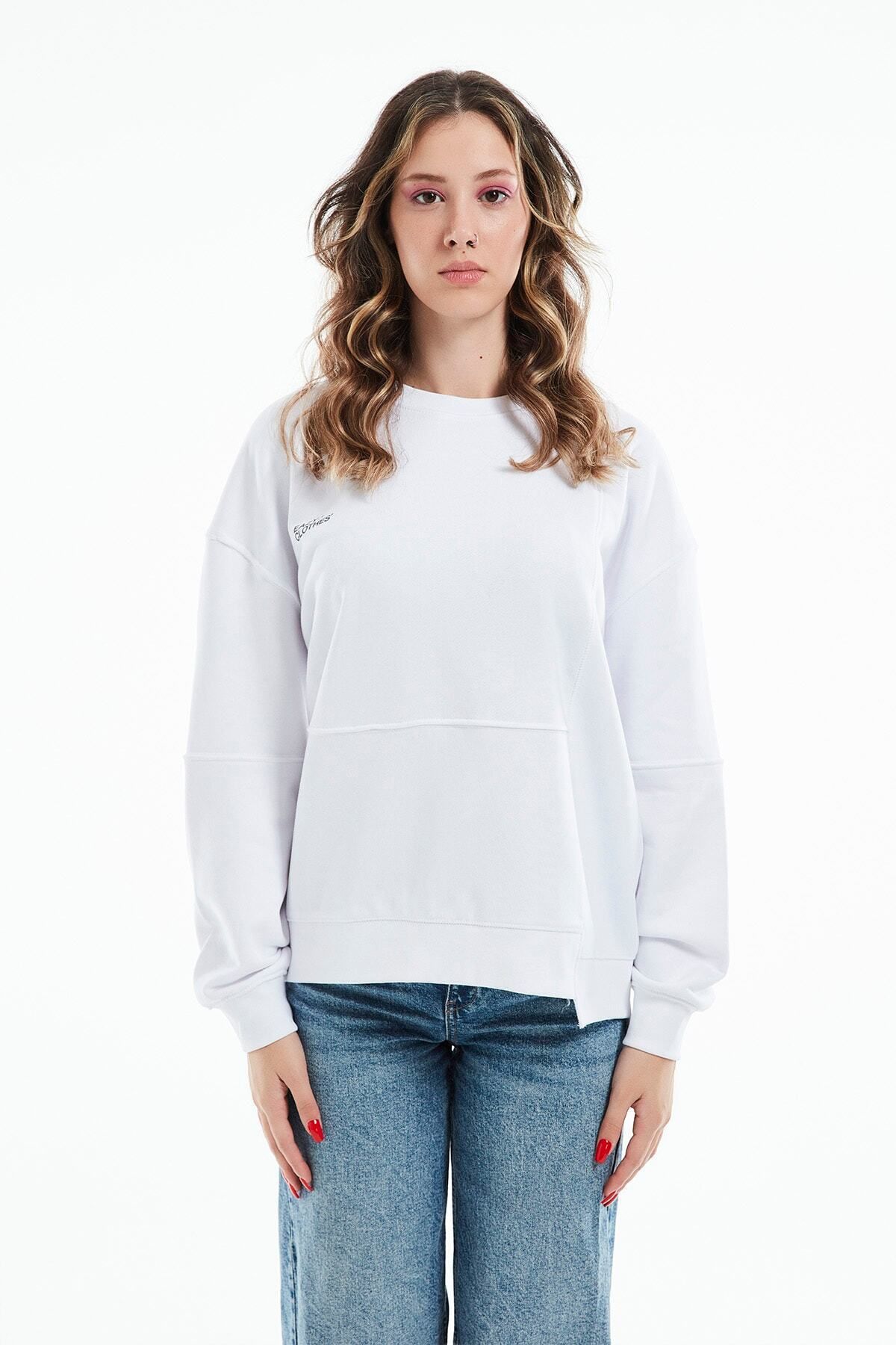 Eazy Co-Hanorac premium oversize unisex alb cu gât crew de primăvară petice 2