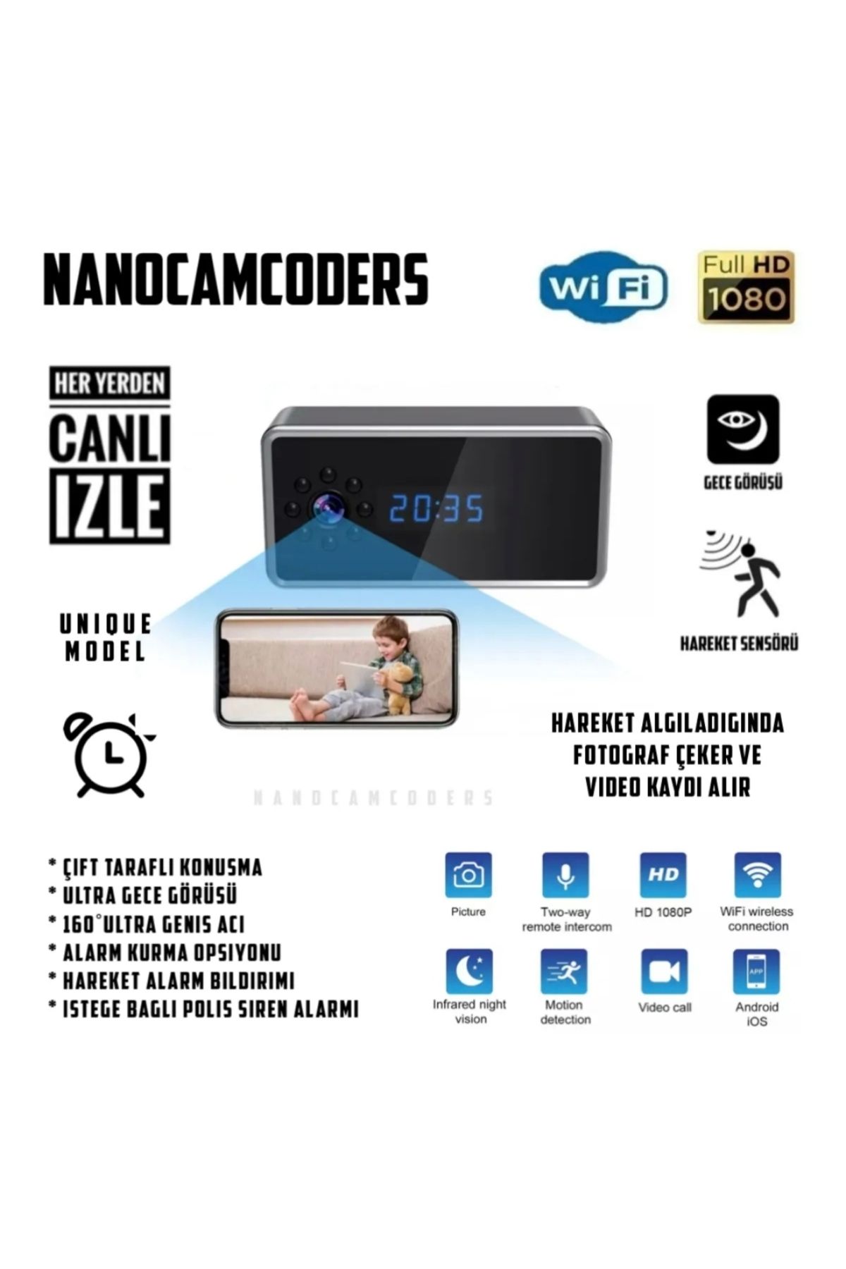 Nanocamcoders 1k * 1080p Mini Kamera Saat Kablosuz Wifi Kontrolü Kızılötesi Gizli Kamera Gece Görüş Ev Gözetim