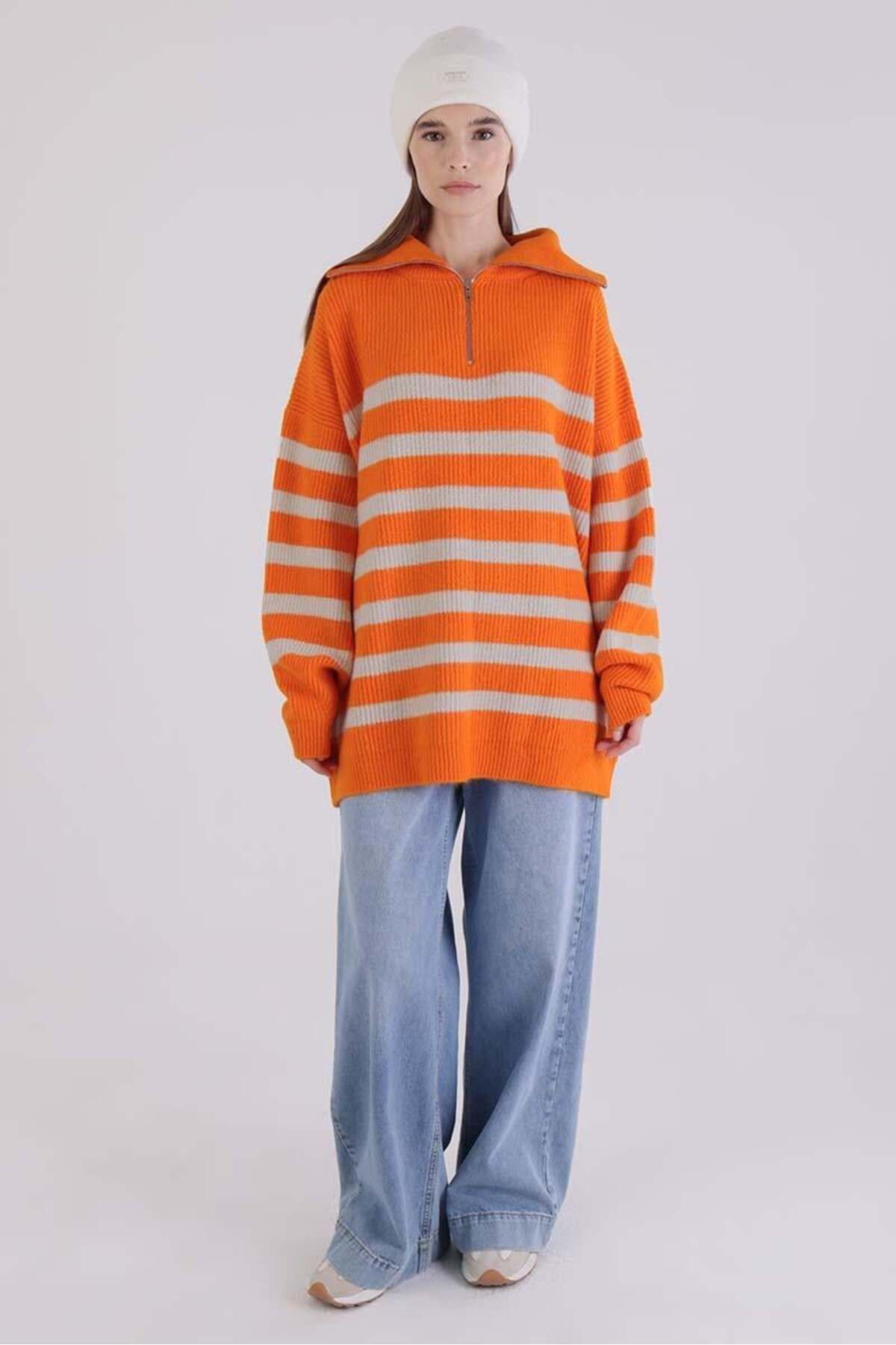 ALLDAY-Orange-Stone-Fisherman's Collar Zippered Knitwear Sweater 2