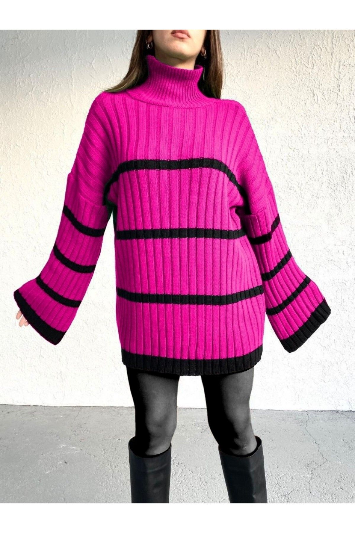 Modamorfo-Loose Sleeve Striped Knitwear Sweater -Fuchsia 3