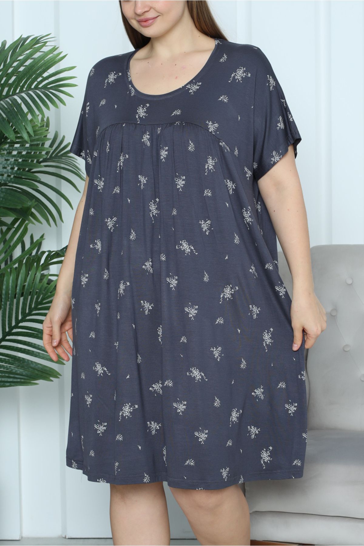 Nicoletta-Plus Size Viscose Tunic - Short Sleeve Nightgown, Anthracite 1