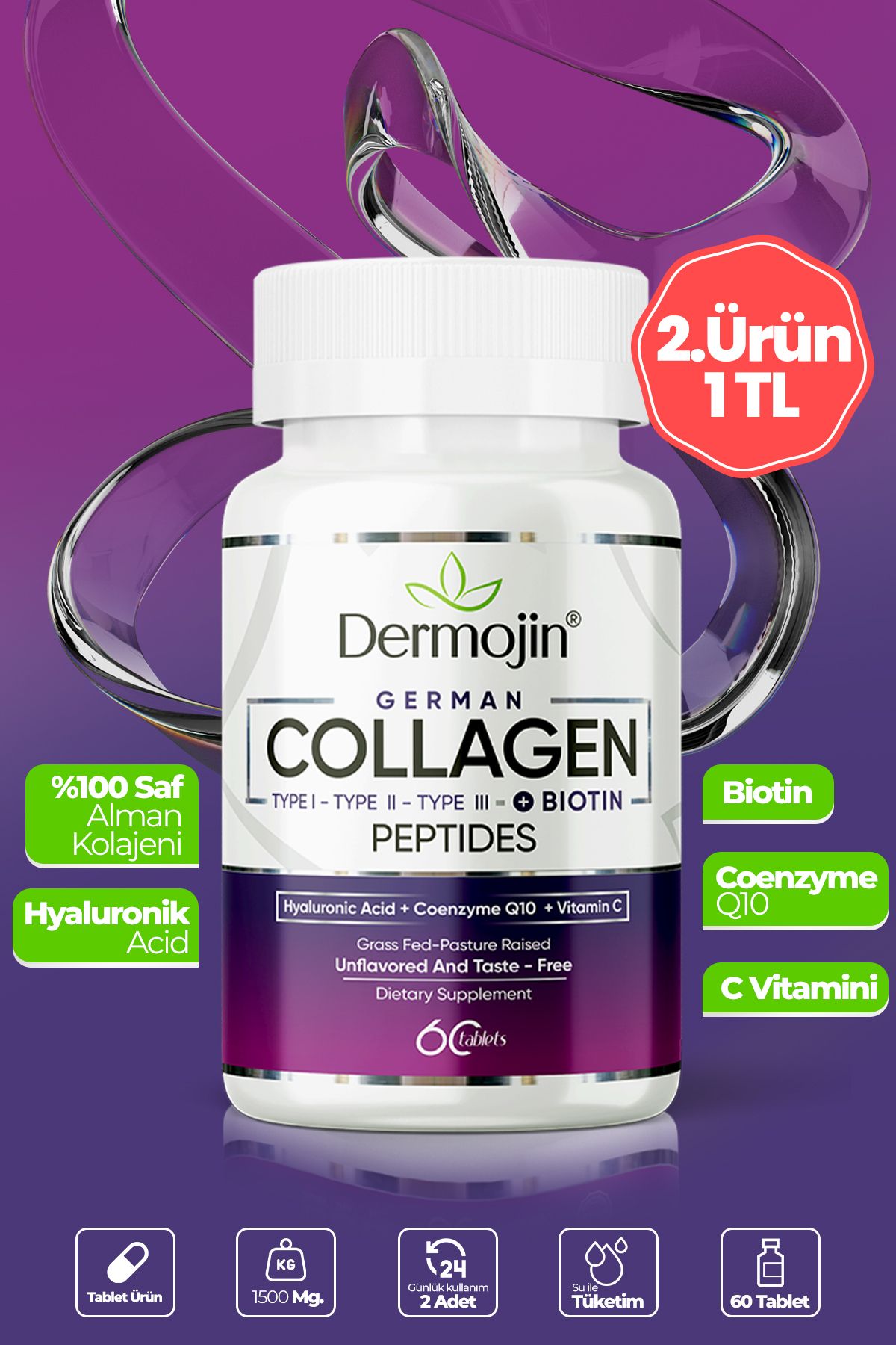 Dermojin 30 Günlük Biotin, Coenzyme Q10, Hyaluronic Acid, C Vitamini Içeren %100 Saf Tablet Alman Kolajeni