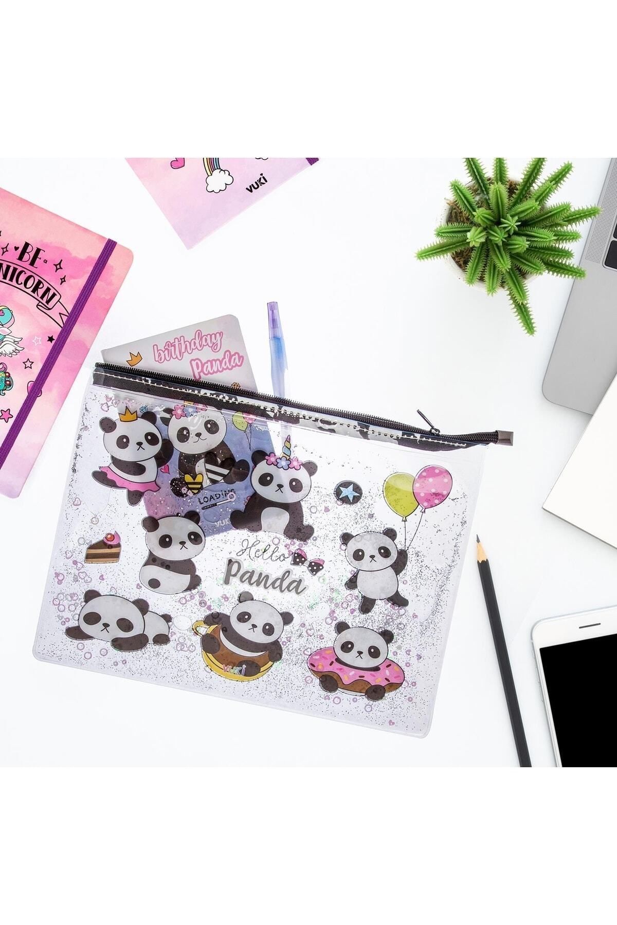 VUKİ-Transparent A4 File with Panda Glitter and Water Zipper 5