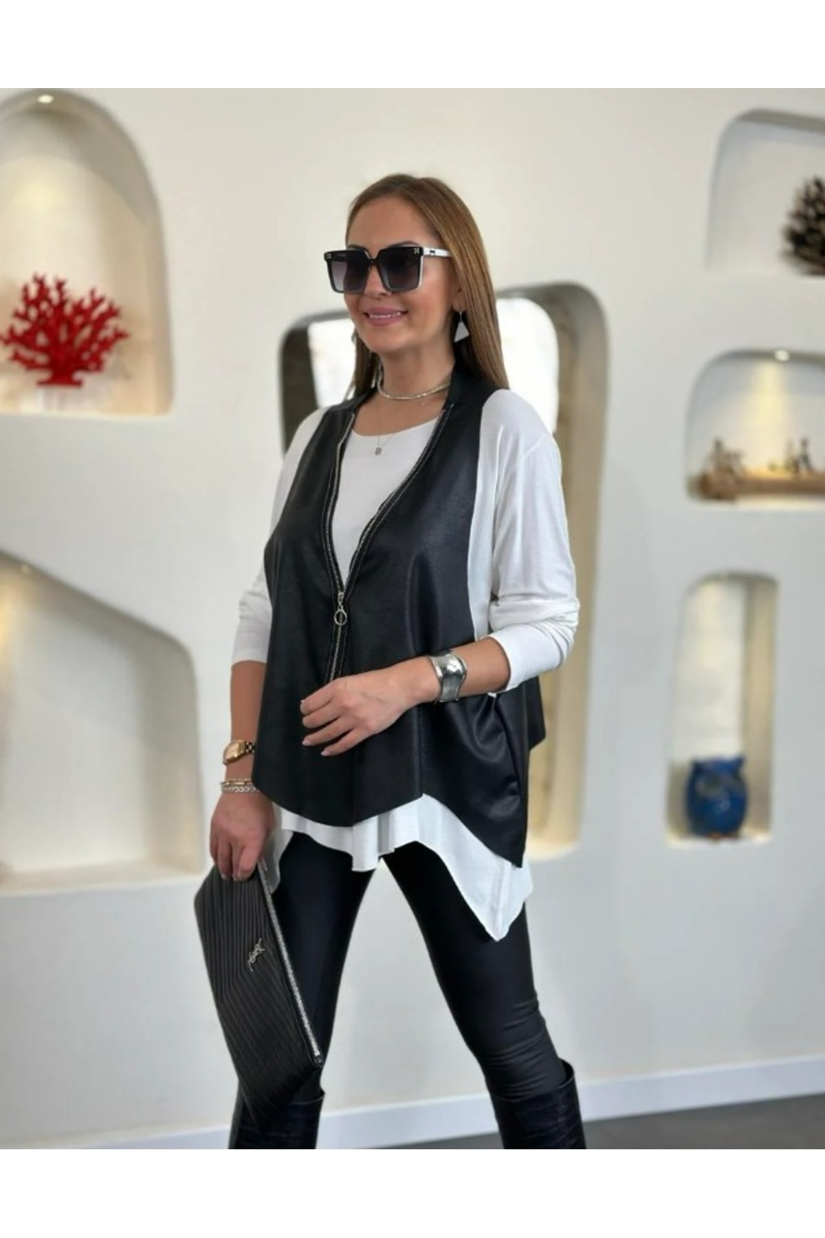 Kokosh moda Kadın Asimetrik Kesim Deri Yelekli Uzun Kollu İkili Bluz görsel 4