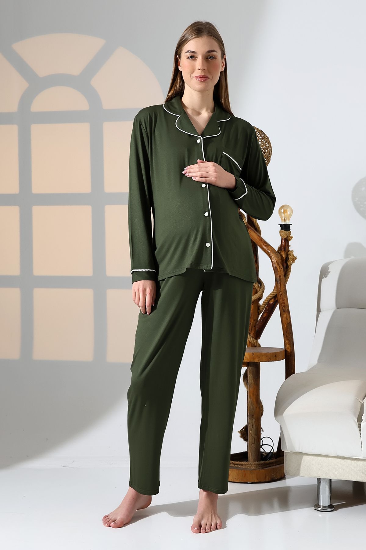 LİKAPA-Likapa Pregnant Maternity Seasonal Long Sleeve Pajama Set with Front Buttons 2