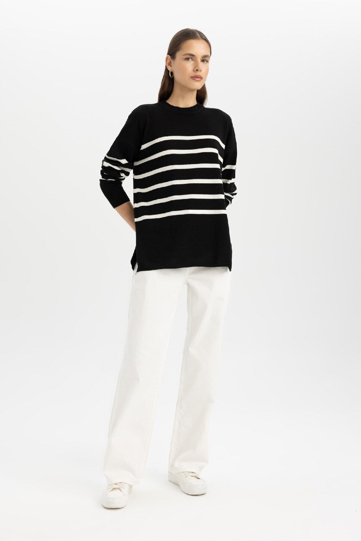 DeFacto-Relaxed Fit Soft Striped Crew Neck Tunic Sweater - S7517Az24Wn 5