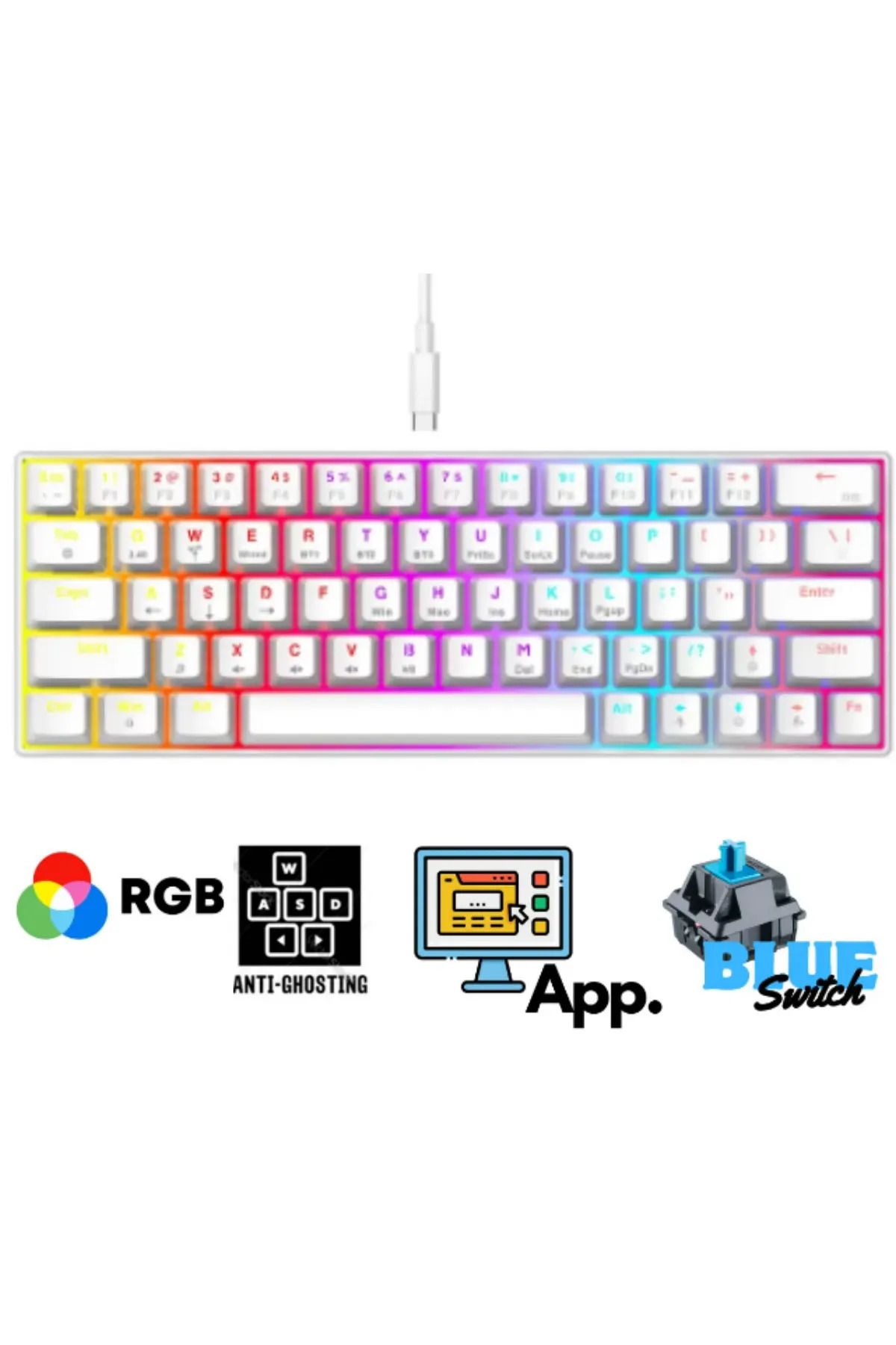 Sarftech T60 %60 Rgb Beyaz App Uygulamalı Blue Switch Kablolu Gaming Klavye Kırmızı Switch Oyuncu Klavyesi