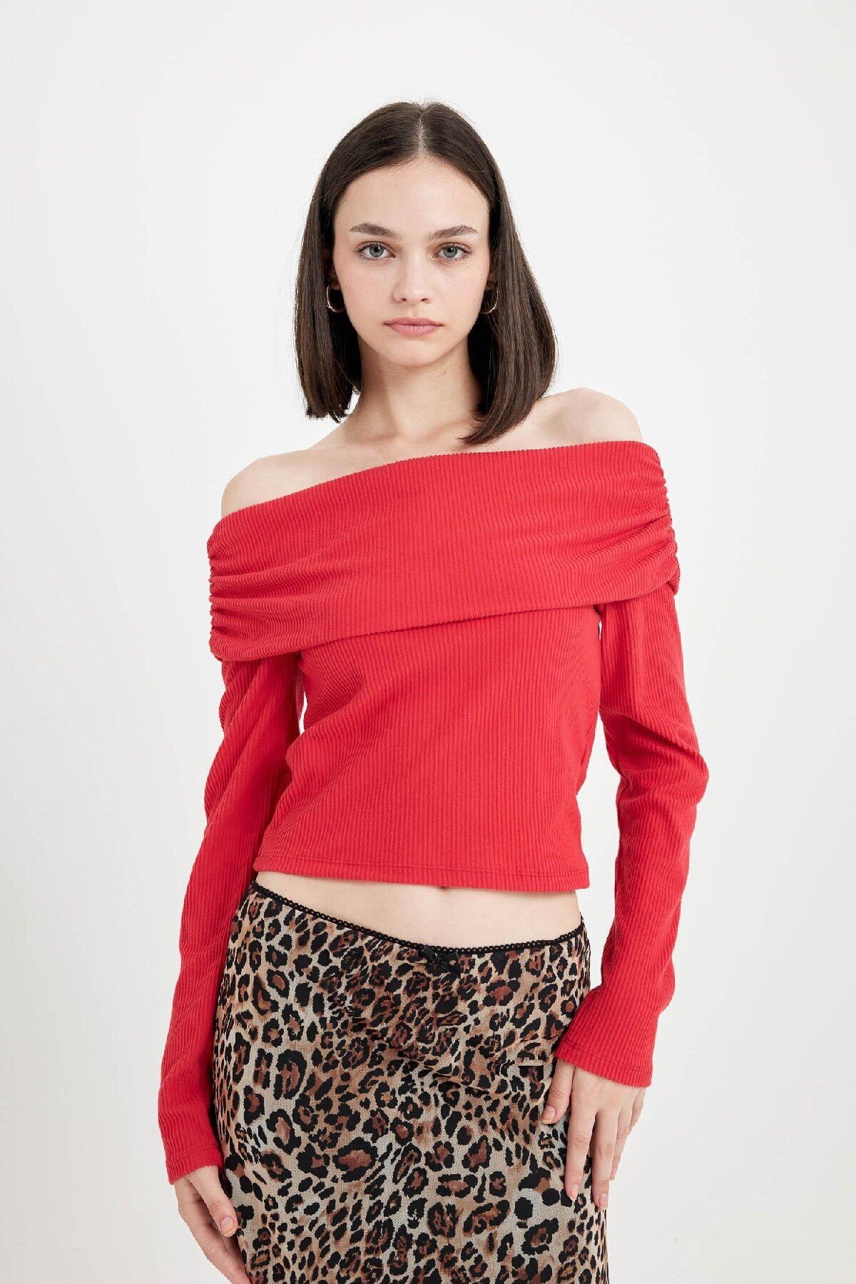 DeFacto-Red Ribbed Long Sleeve Camisole T-Shirt - Shoulder Session D4755Ax24Au 5