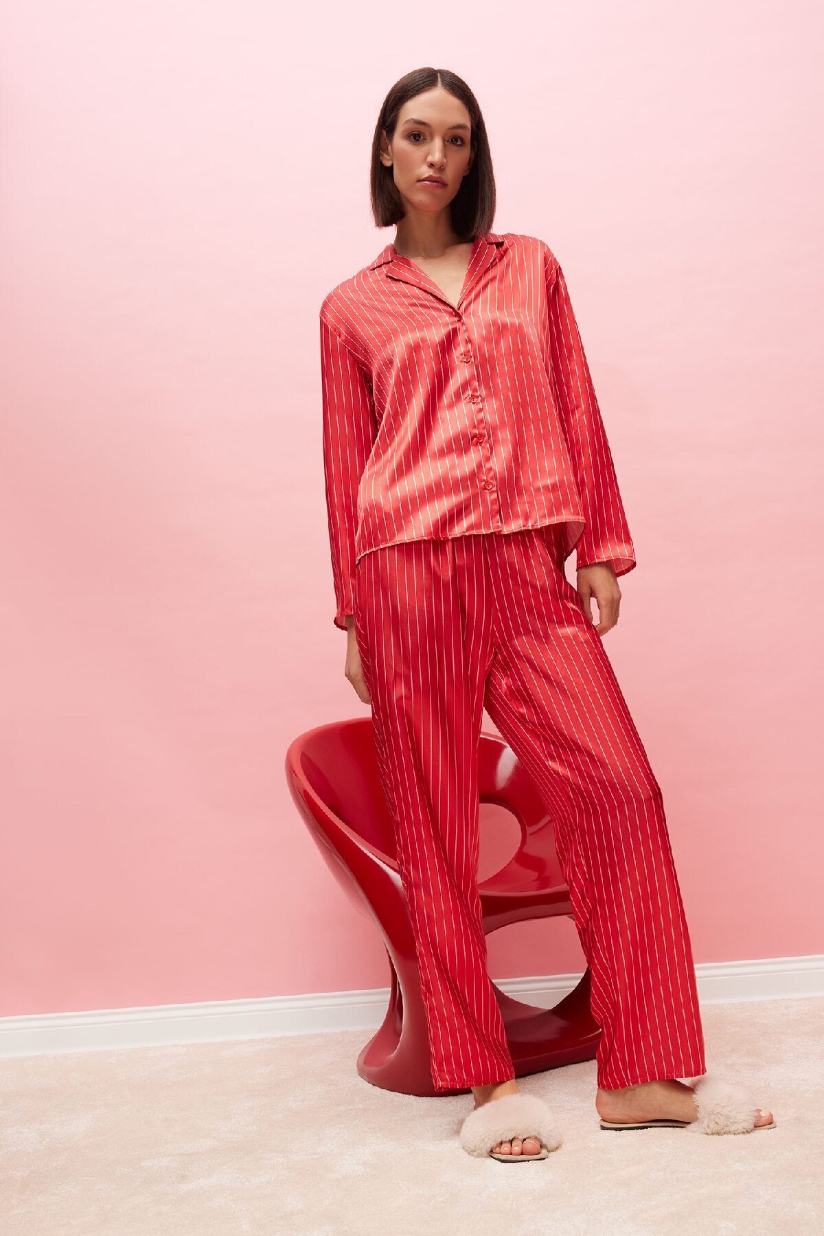 DeFacto-Satin Pajama Set - Long Sleeve, Button, Elastic Waist, Long Bottom D6417Ax24Wn 2