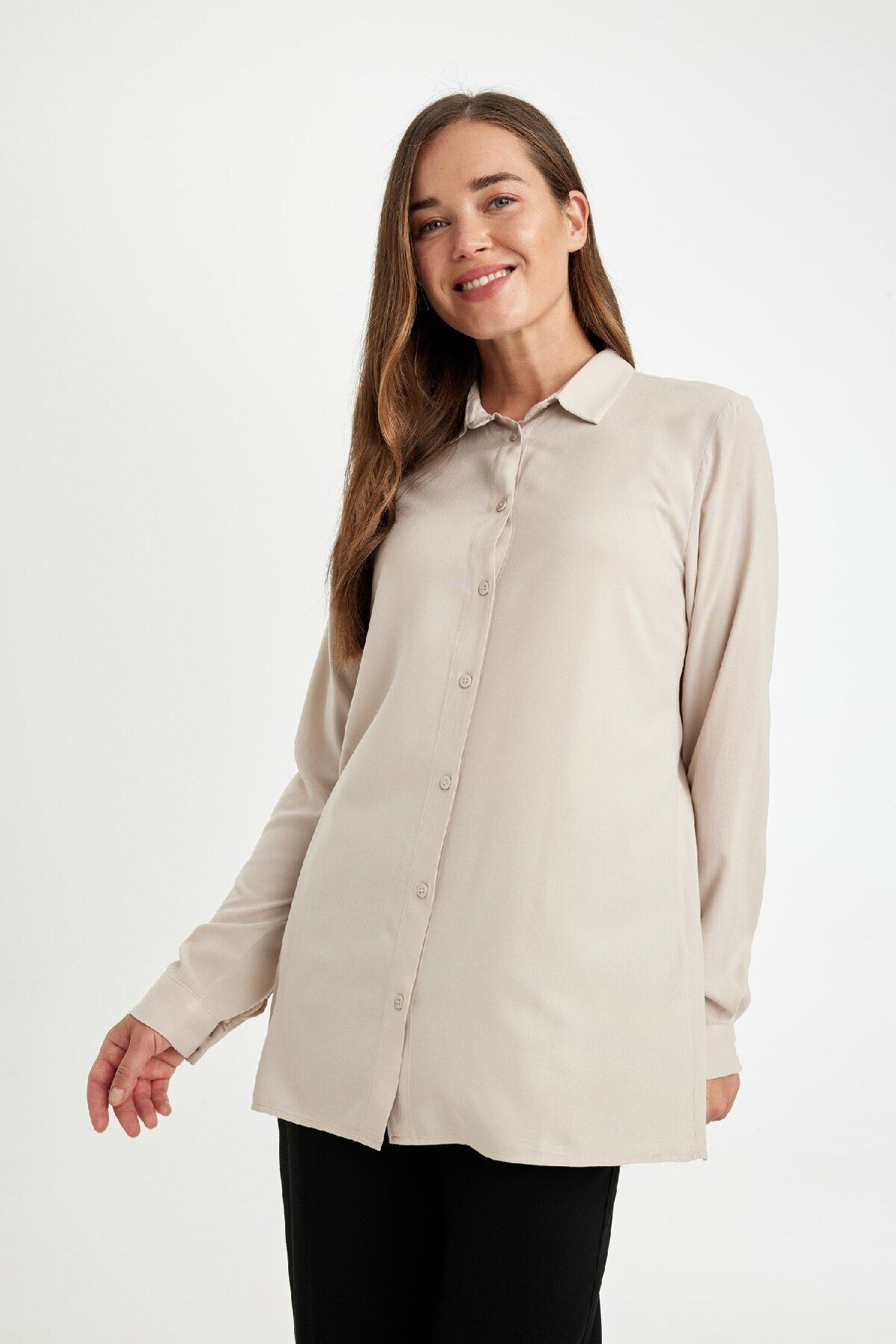 DeFacto-Regular Fit Basic Solid Button Long Sleeve Shirt D4230Ax24Au 4