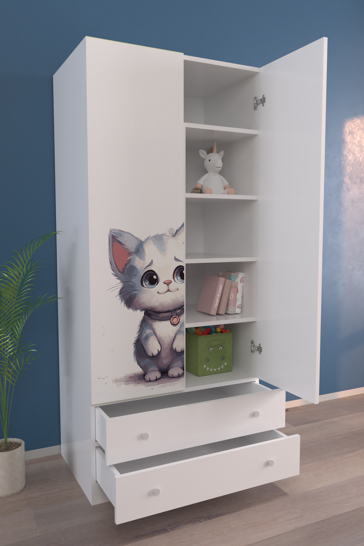 Hediyeler Kapında Beyaz Çocuk Odası 2 Kapaklı LONELY CAT Gardırop 5 Raflı 2 Çekmeceli Askılı Elbise Dolabı fotoğrafı 2 (önizleme)