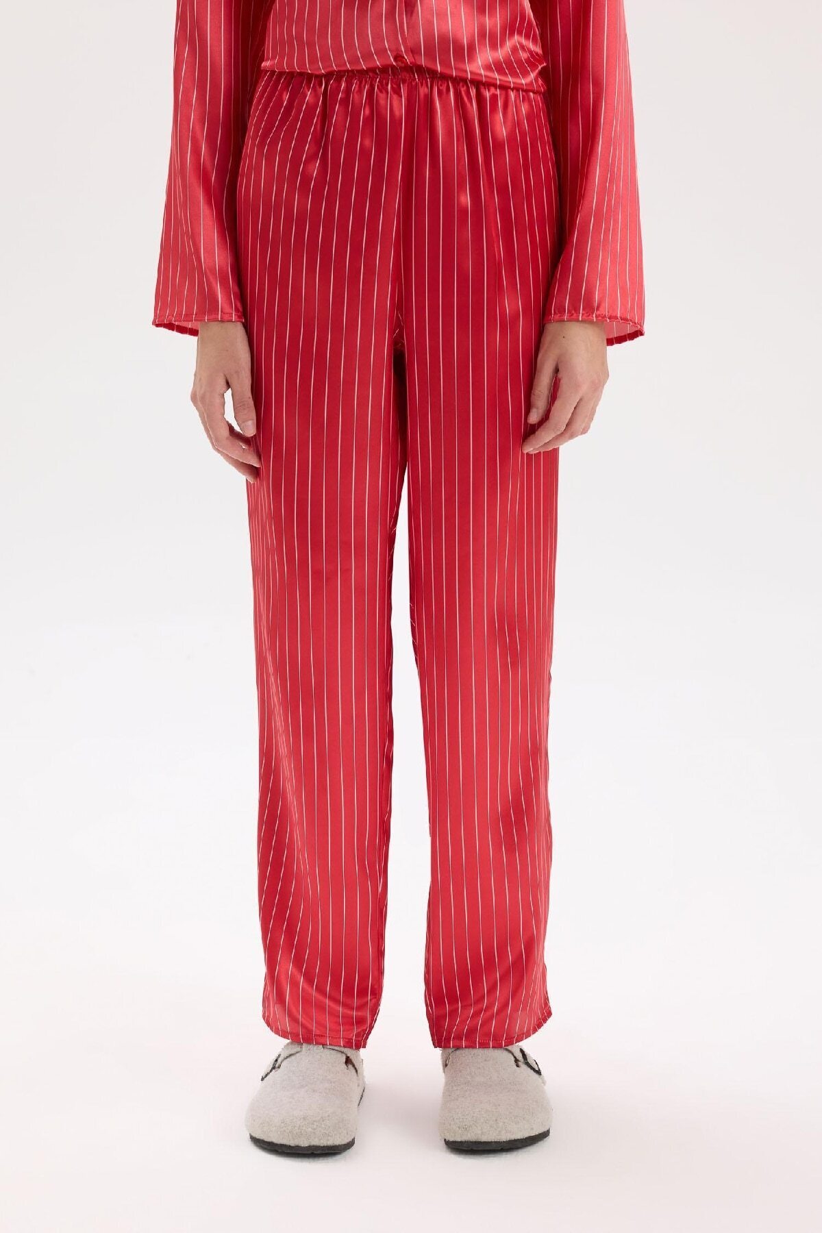 DeFacto-Satin Pajama Set - Long Sleeve, Button, Elastic Waist, Long Bottom D6417Ax24Wn 7