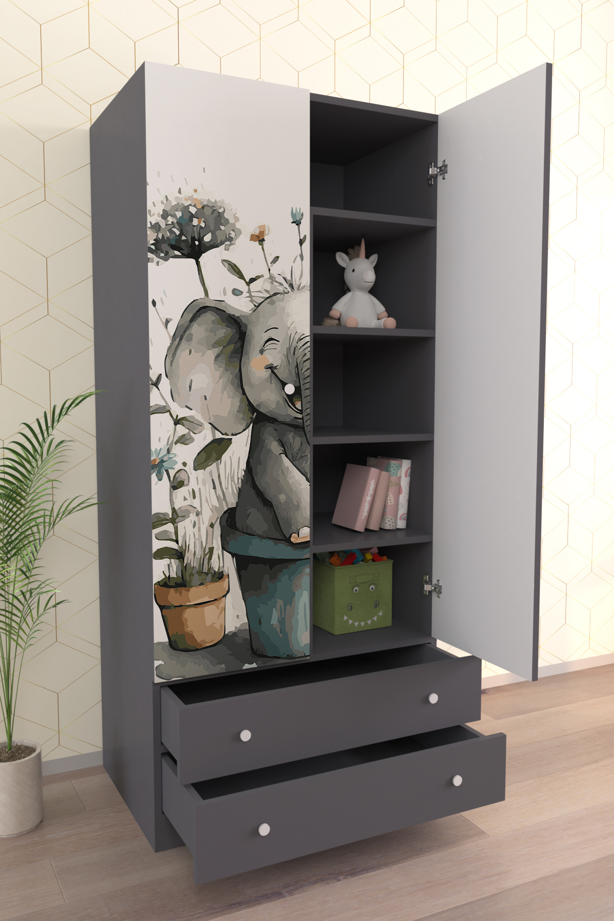 Hediyeler Kapında Çocuk Odası 2 Kapaklı Elephant Pot Gardırop 5 Raflı 2 Çekmeceli Askılı Elbise Dolabı fotoğrafı 2 (önizleme)