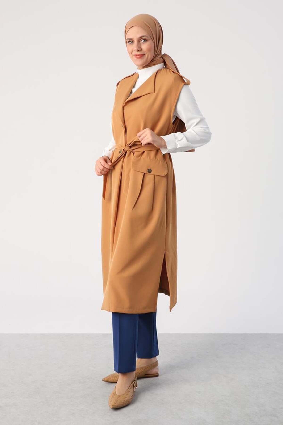 ALLDAY-Mustard-Shoulder Epaulettes Belted Pocket Vest 3