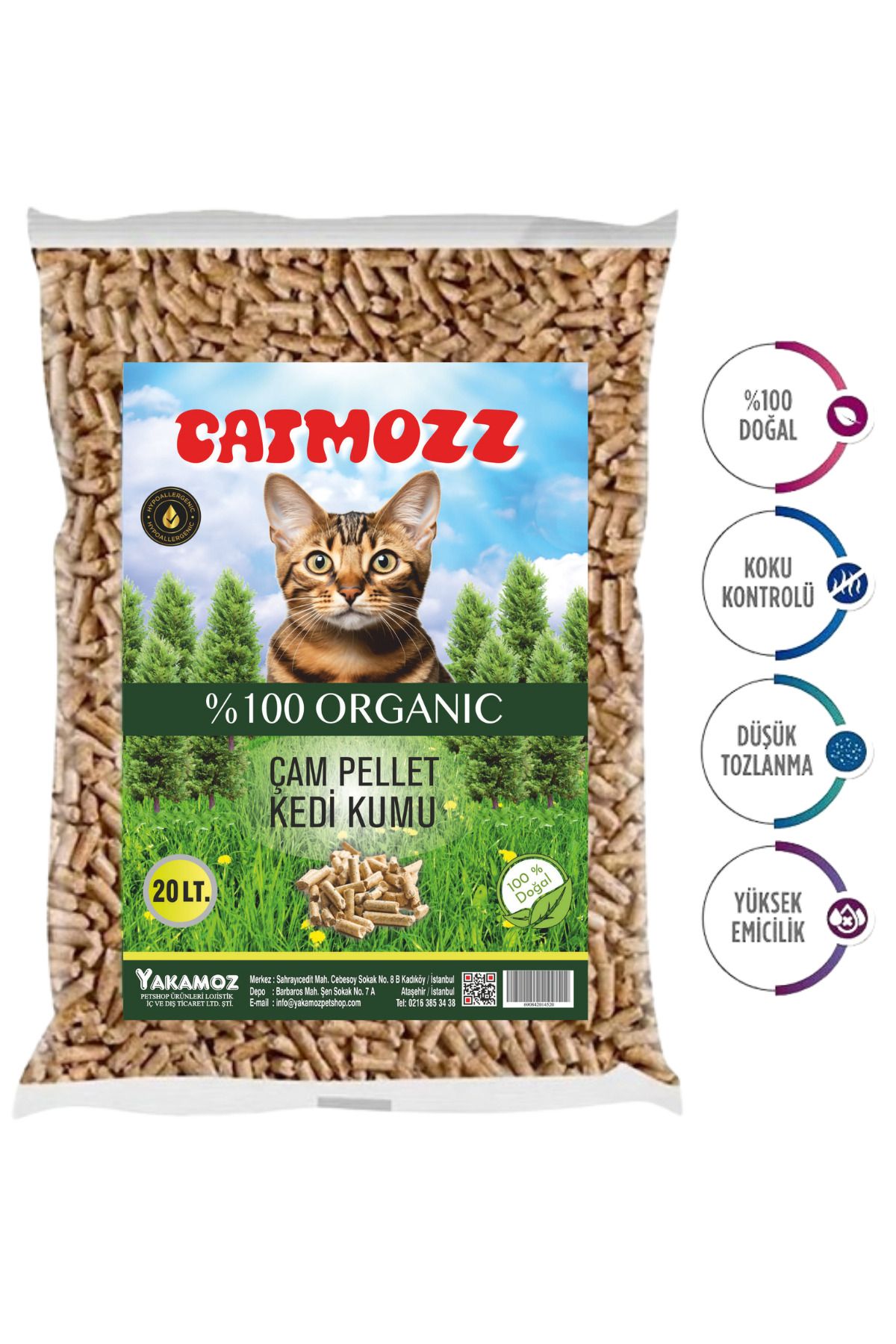 CatMozz Eco Hipoalerjenik Organik Çam Peleti Kedi Kumu 20 Lt Orijinal Gramaj