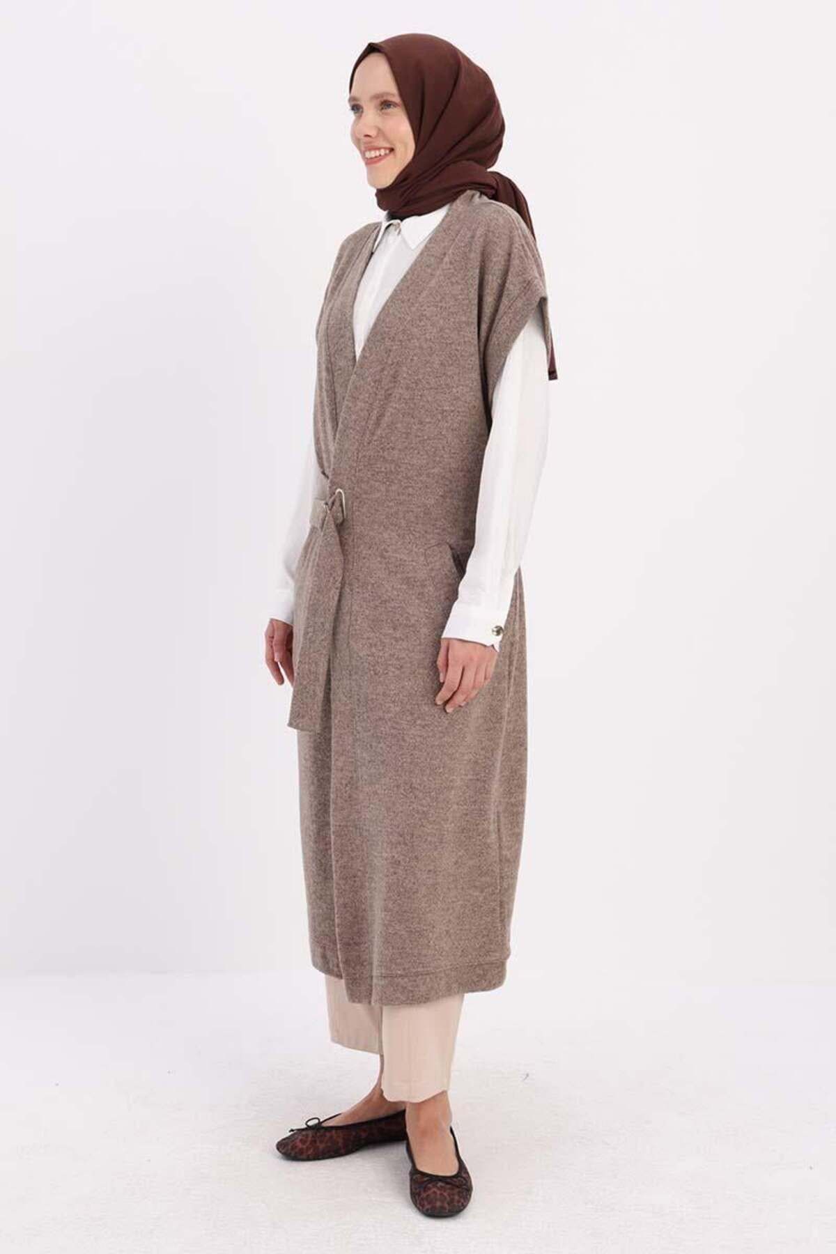 ALLDAY-Long Vest with Stone-Belt Metal Buckle Pockets 3