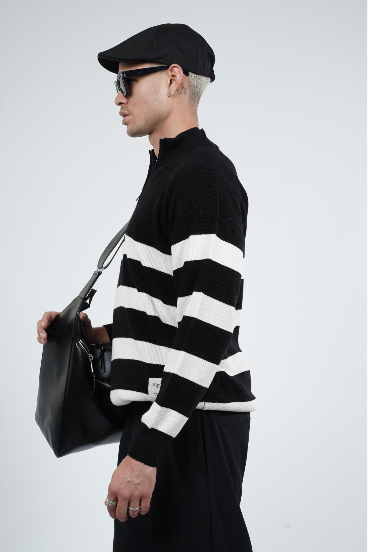 Butik TREND BİZ Yarım Fermuarlı Dik Yaka Çizgili Oversize Kalıp Triko Kazak görsel 5