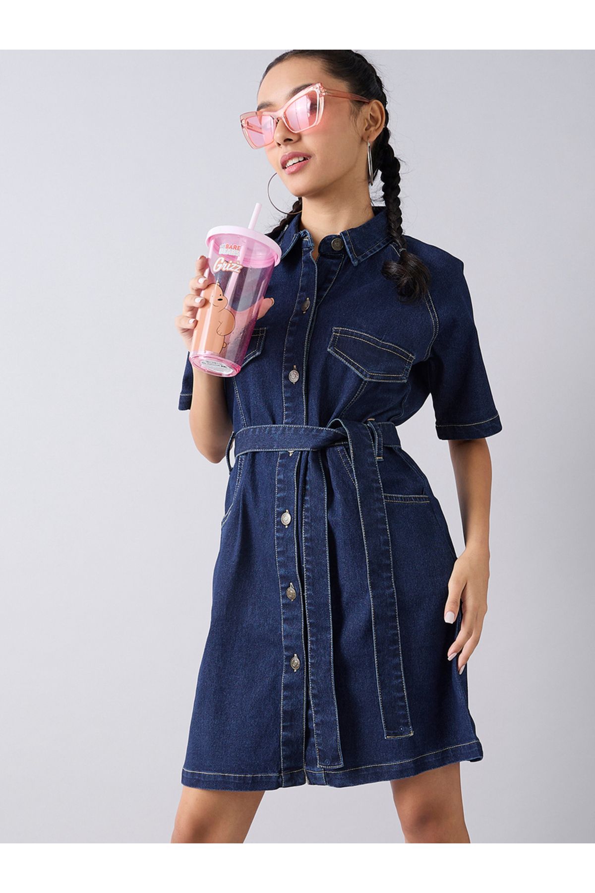 NOH-VOH By Styli-Acid Wash Denim Collared Shirt Dress with Tie Up Belt 1