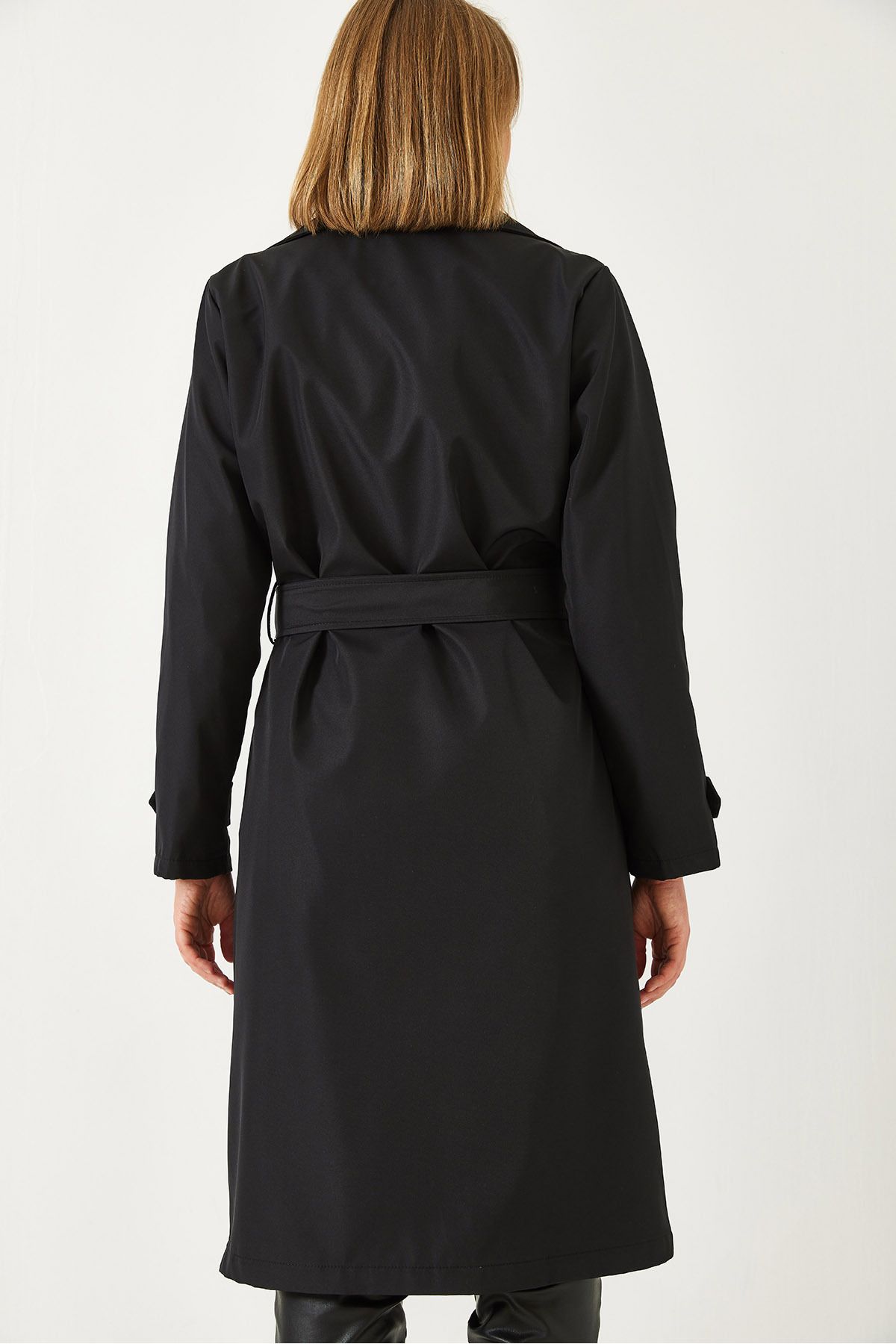 Bianco Lucci-Women's Double Breasted Neckline Belted Trench Coat with Pockets 5918 60261067 8