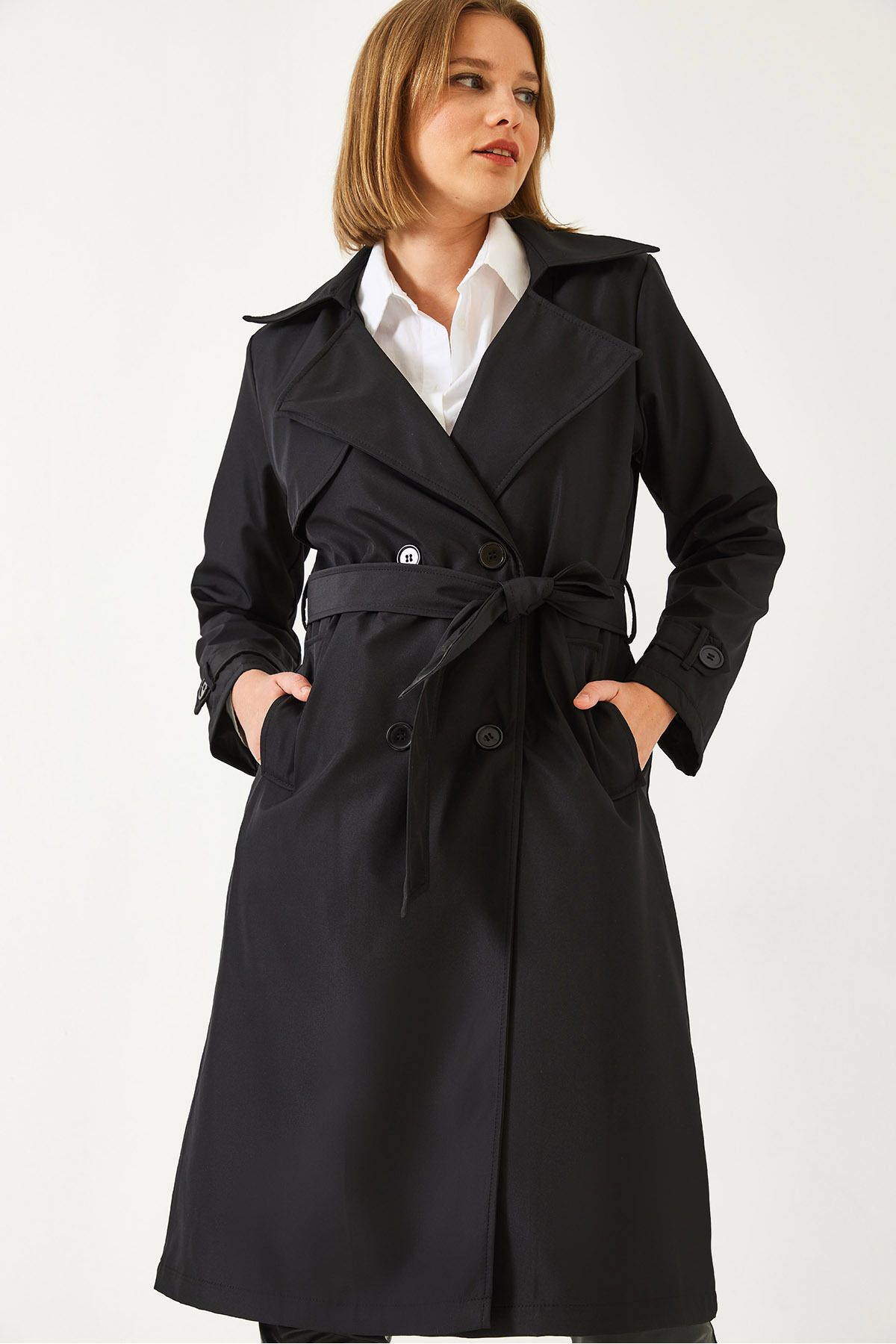 Bianco Lucci-Women's Double Breasted Neckline Belted Trench Coat with Pockets 5918 60261067 6