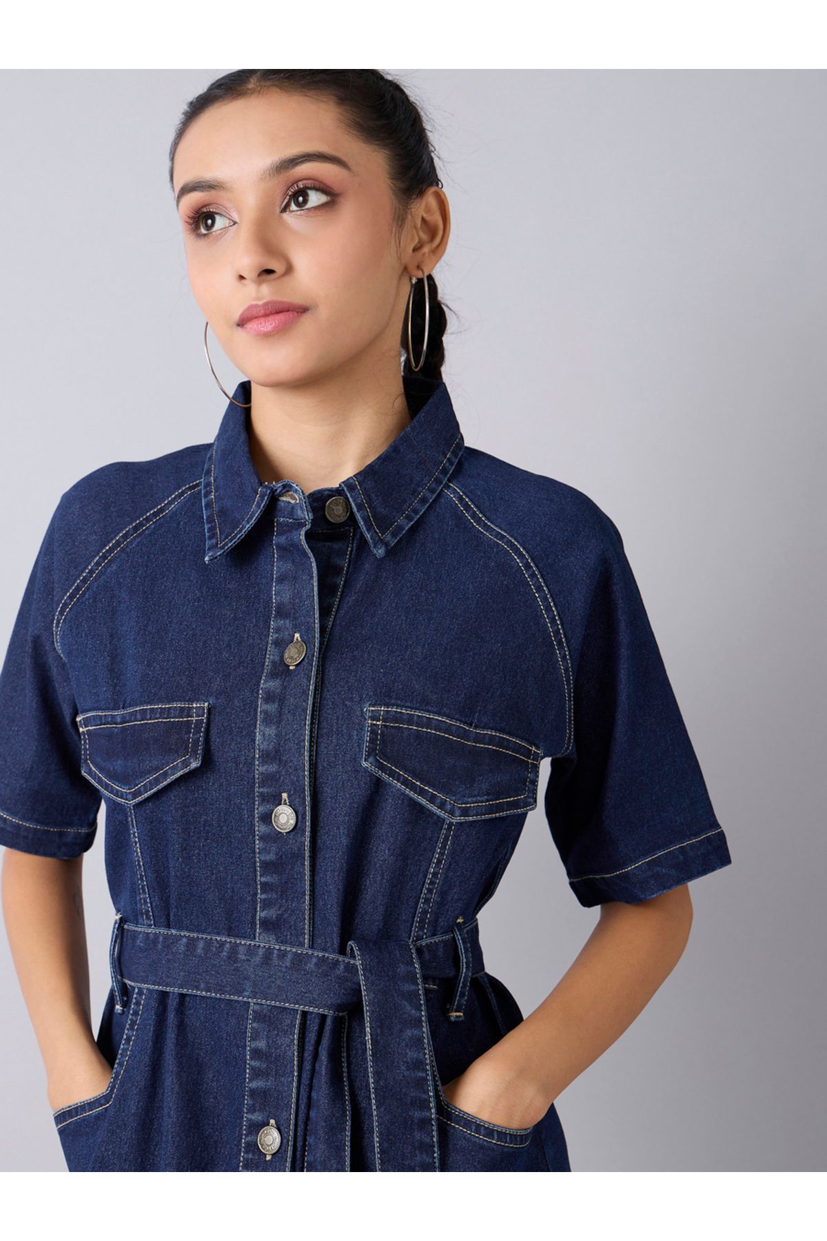 NOH-VOH By Styli-Acid Wash Denim Collared Shirt Dress with Tie Up Belt 2